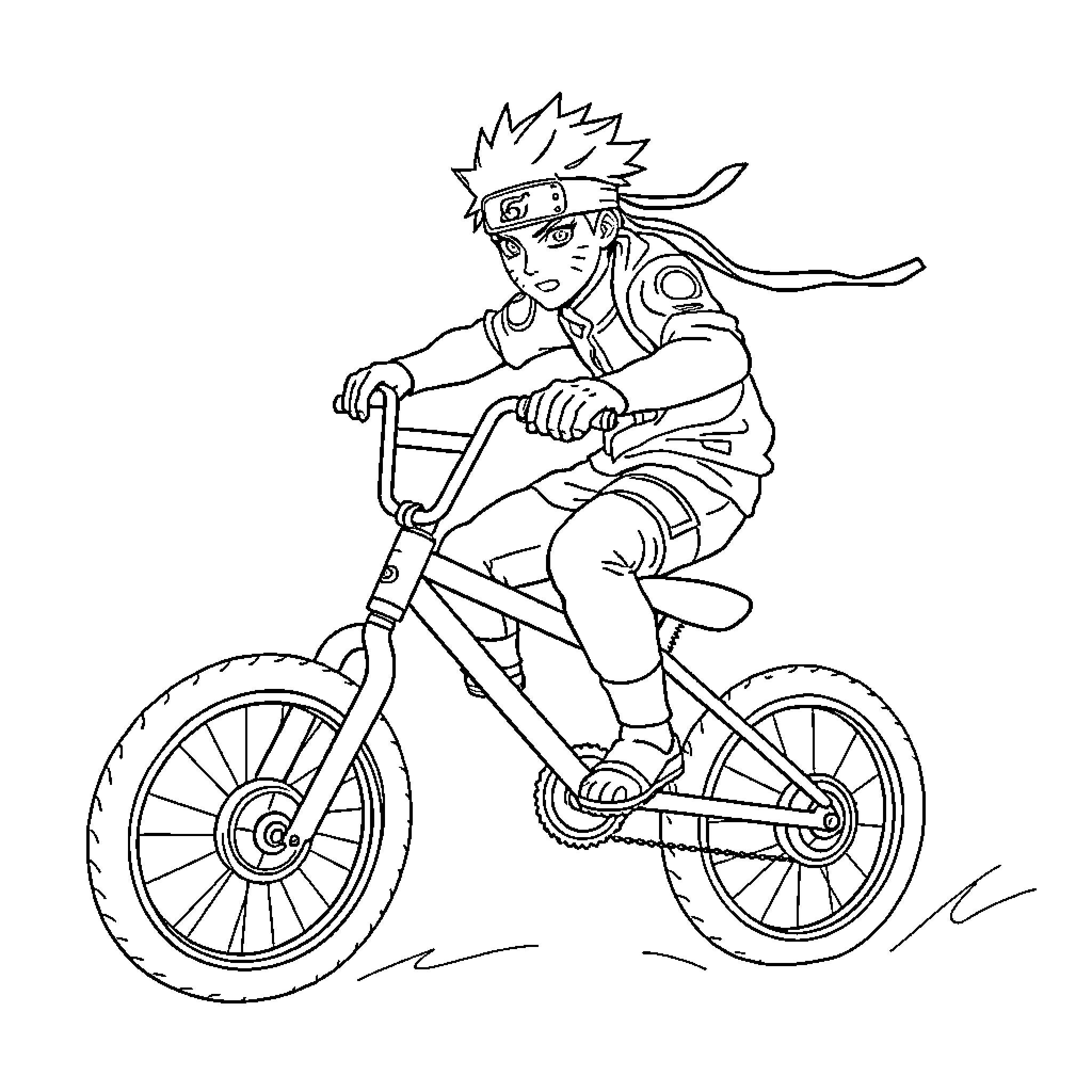 Naruto riding a bicycle with ninja gear Coloring Page (free black-and-white line drawing printable PDF for all, from beginners to advanced learners, including children, teens, adults, and seniors)