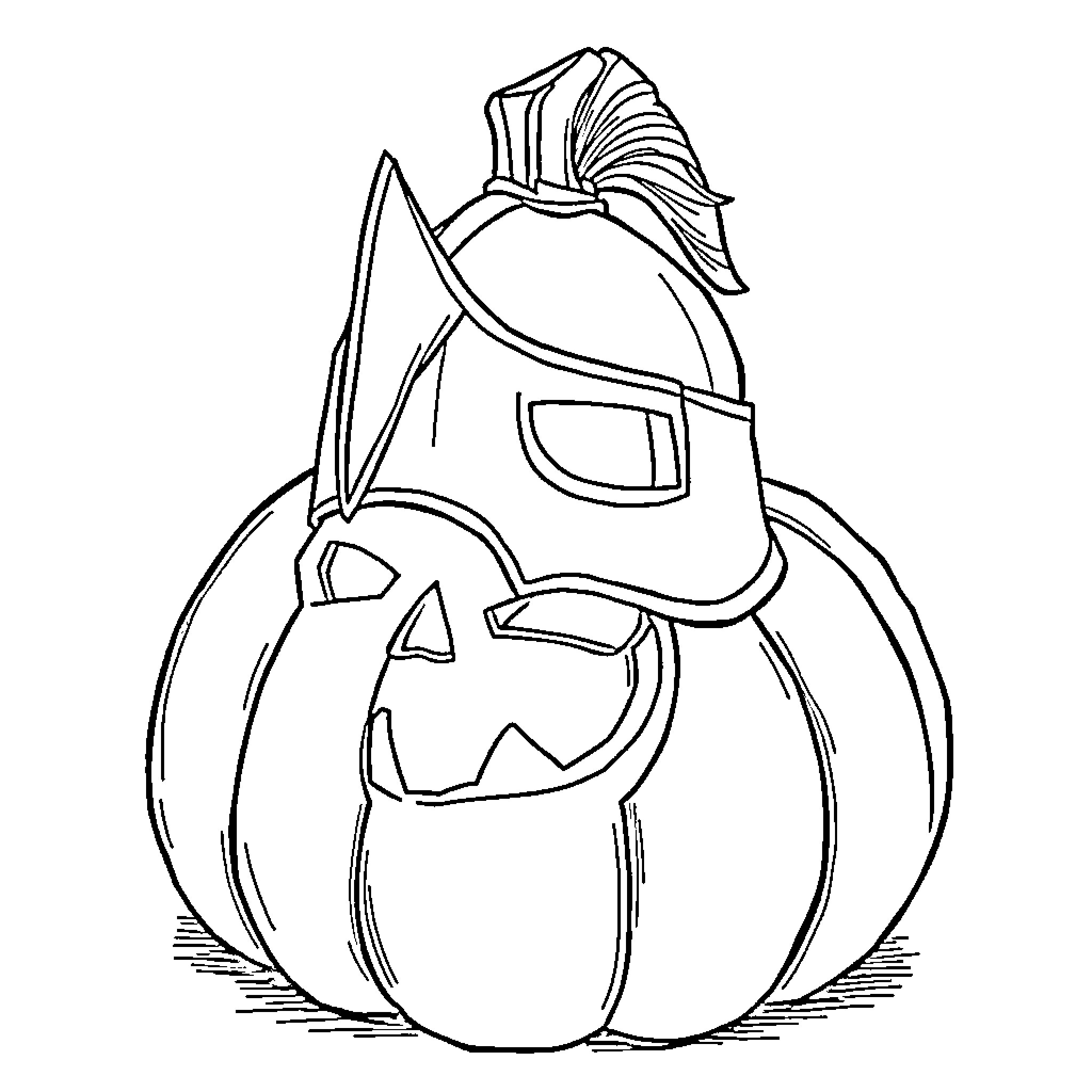 Pumpkin wearing a knight's helmet Coloring Page (free black-and-white line drawing printable PDF for all, from beginners to advanced learners, including children, teens, adults, and seniors)