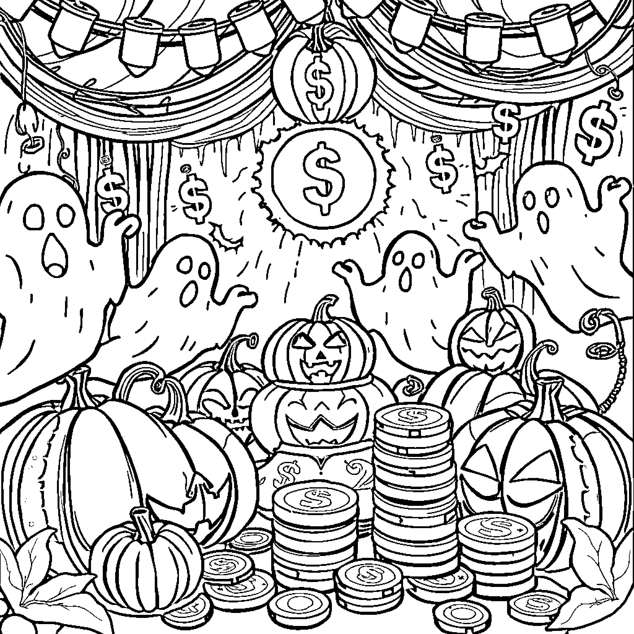Halloween Fun with Spooky Pumpkins and Money Coloring Page (free black-and-white line drawing printable PDF for all, from beginners to advanced learners, including children, teens, adults, and seniors)
