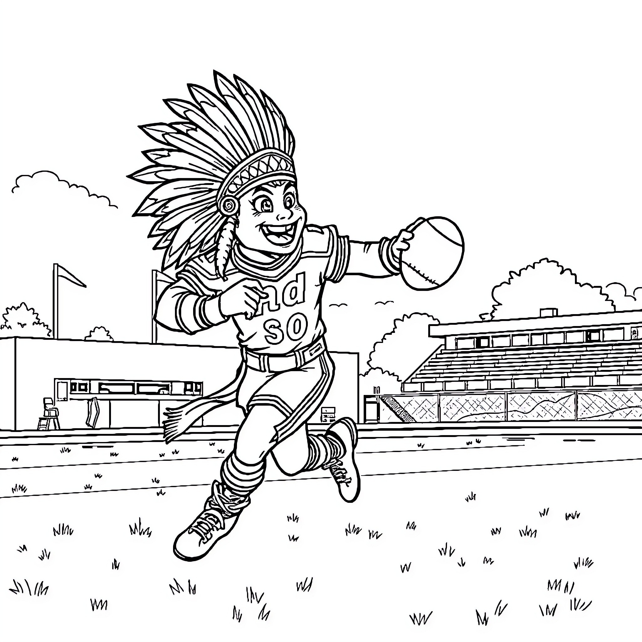 Mascot cheerfully running on the field Coloring Page (free black-and-white line drawing printable PDF for all, from beginners to advanced learners, including children, teens, adults, and seniors)