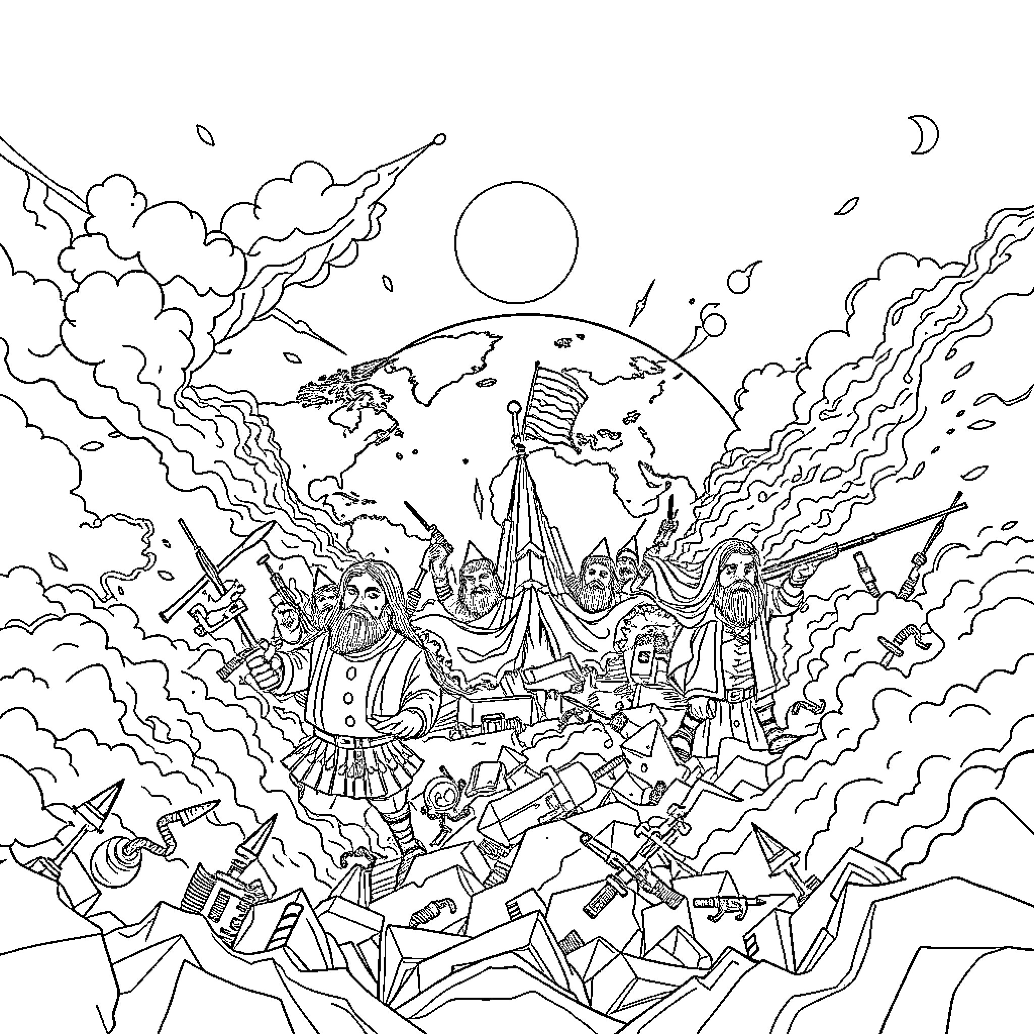 World of Fantastical Figures and Elements Coloring Page (free black-and-white line drawing printable PDF for all, from beginners to advanced learners, including children, teens, adults, and seniors)