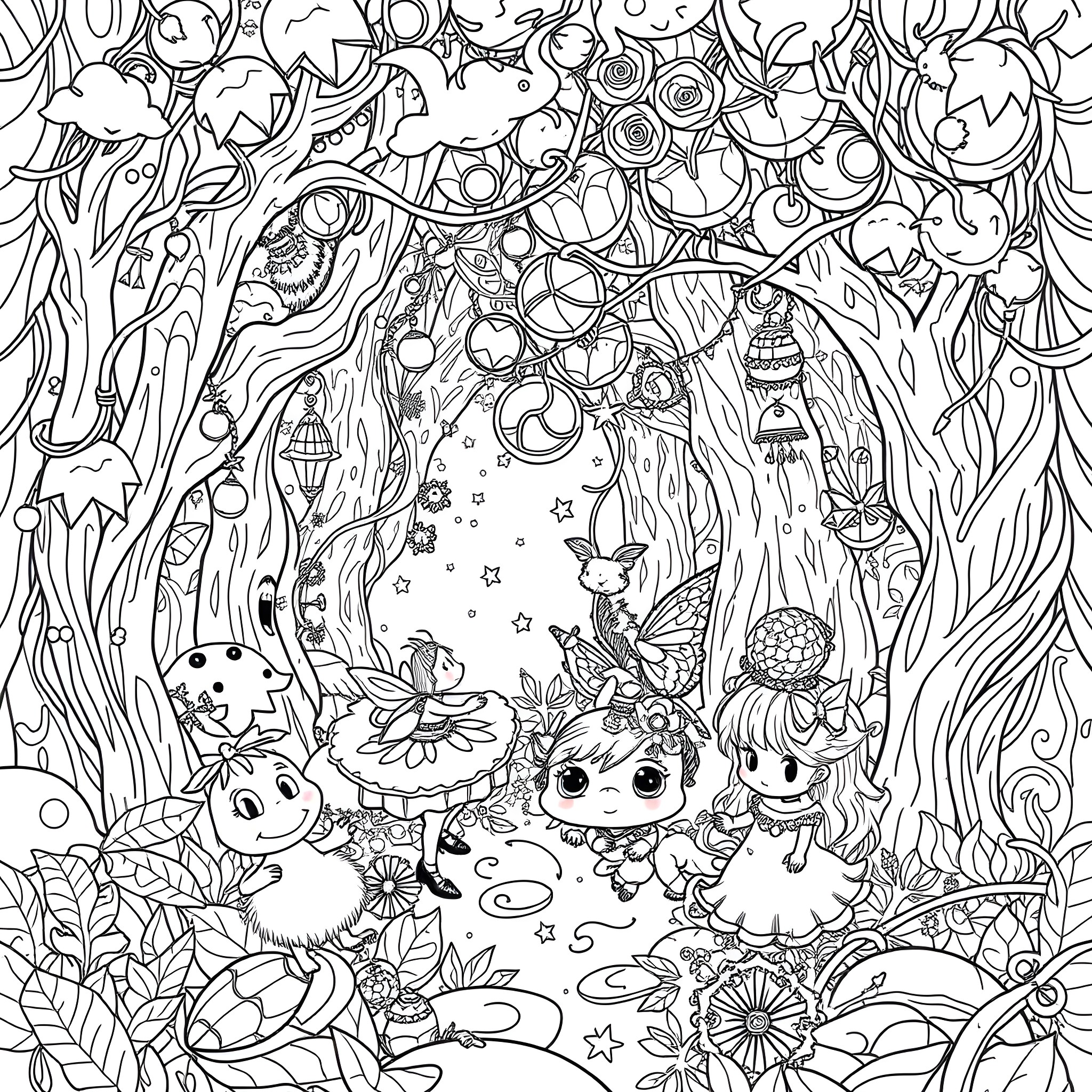 Disney characters playing in a whimsical fantasy forest Coloring Page (free black-and-white line drawing printable PDF for all, from beginners to advanced learners, including children, teens, adults, and seniors)