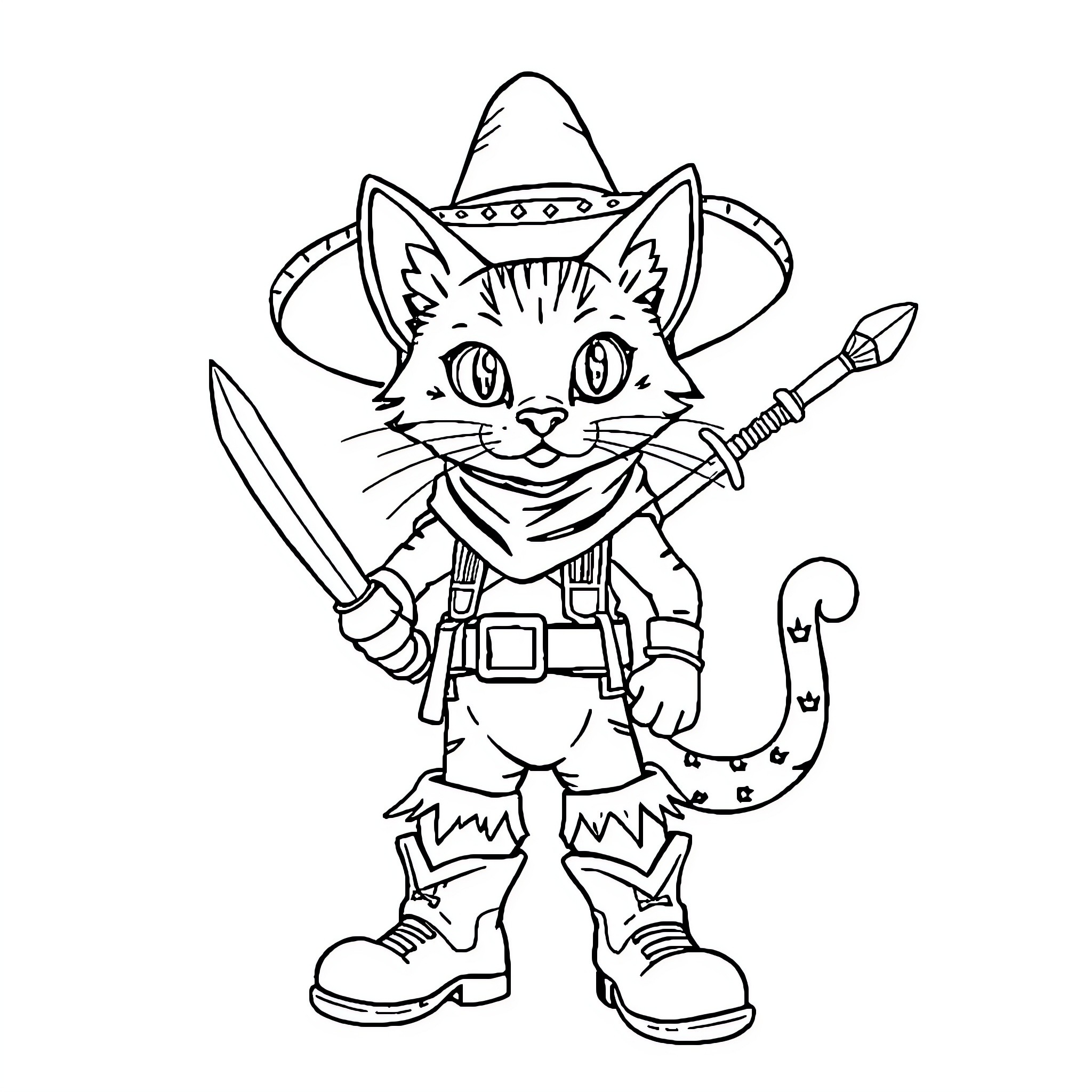 Cat in Boots with Sword and Cowboy Hat Coloring Page (free black-and-white line drawing printable PDF for all, from beginners to advanced learners, including children, teens, adults, and seniors)