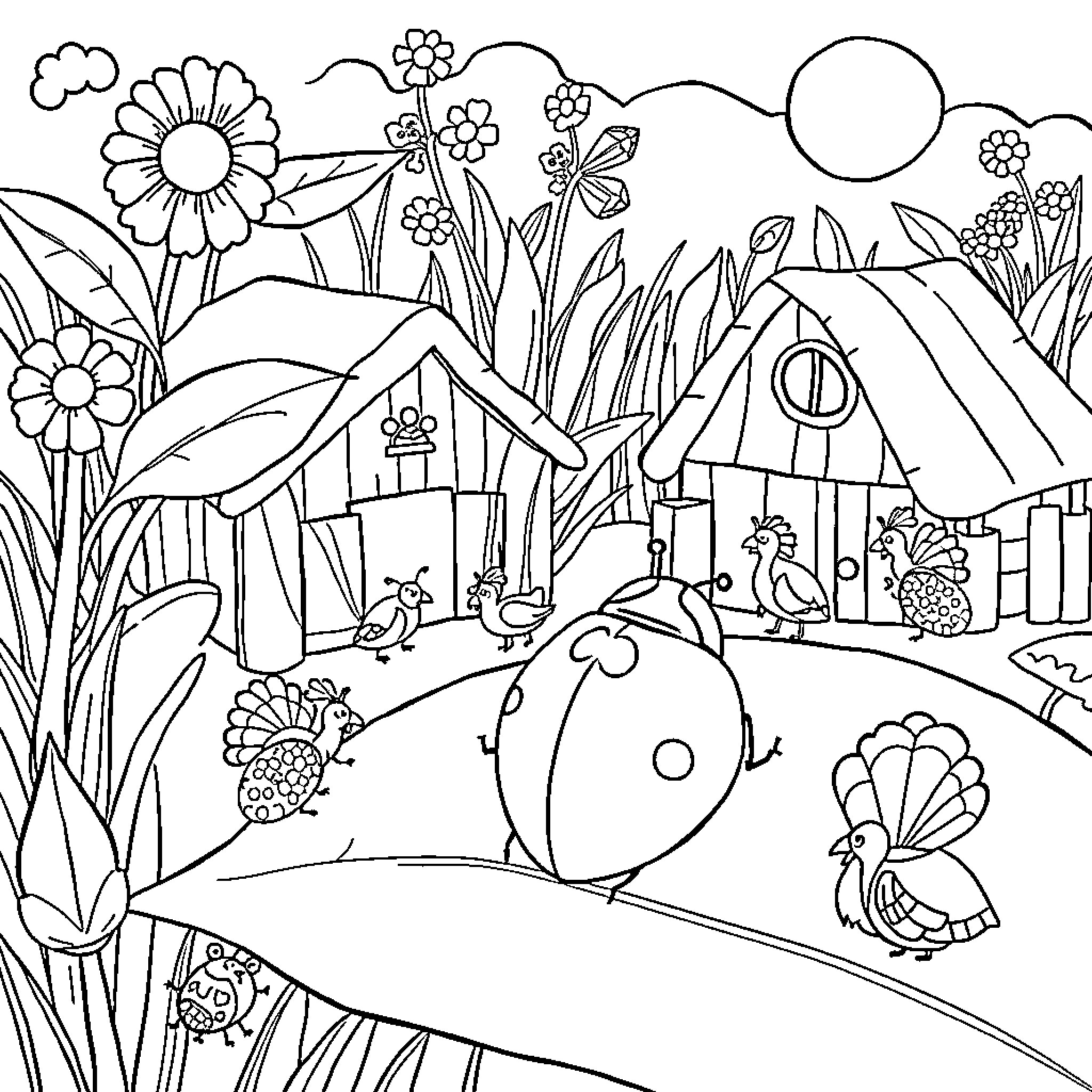 Ladybug exploring the enchanting garden landscape Coloring Page (free black-and-white line drawing printable PDF for all, from beginners to advanced learners, including children, teens, adults, and seniors)