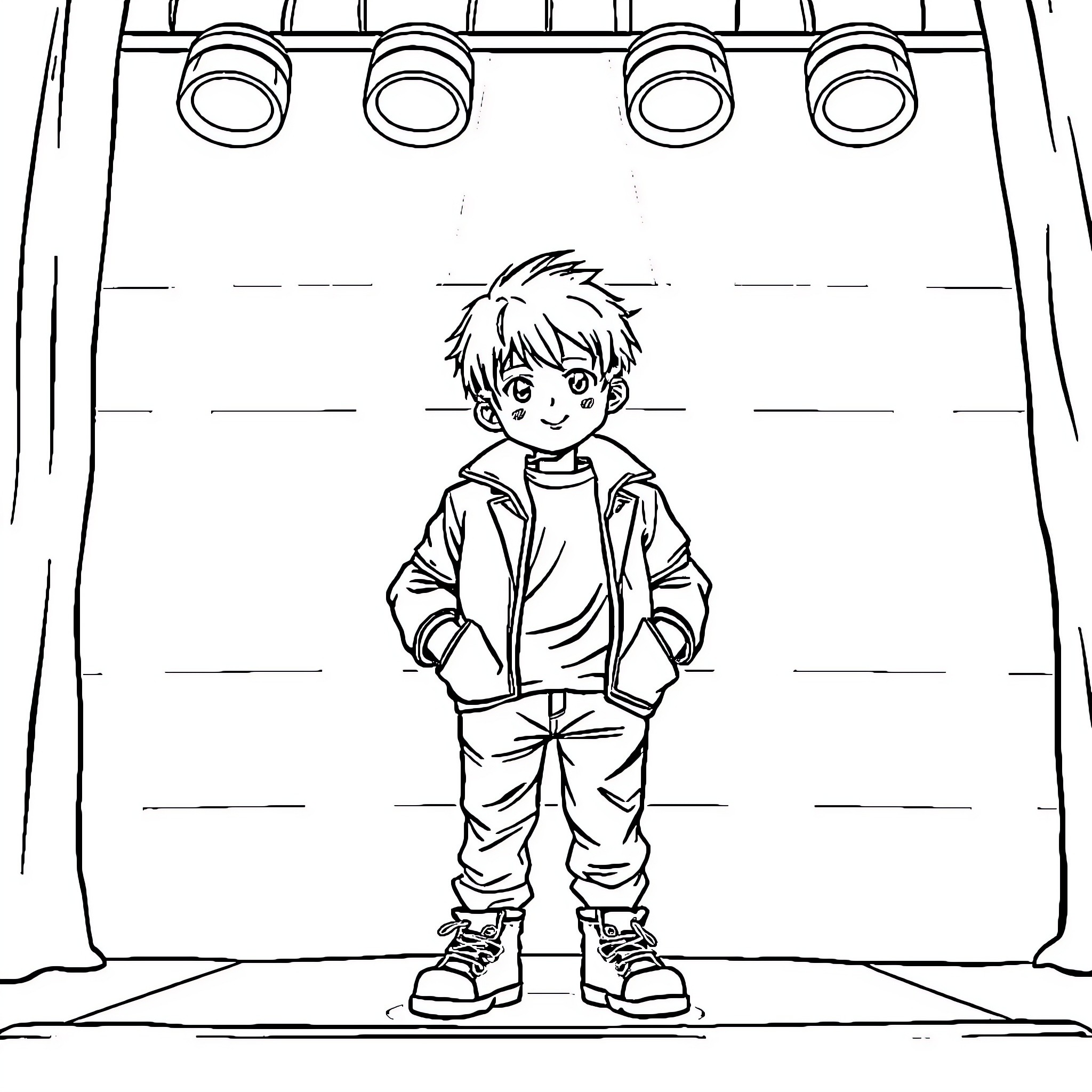 Bangchan standing in a stage with spotlights Coloring Page (free black-and-white line drawing printable PDF for all, from beginners to advanced learners, including children, teens, adults, and seniors)