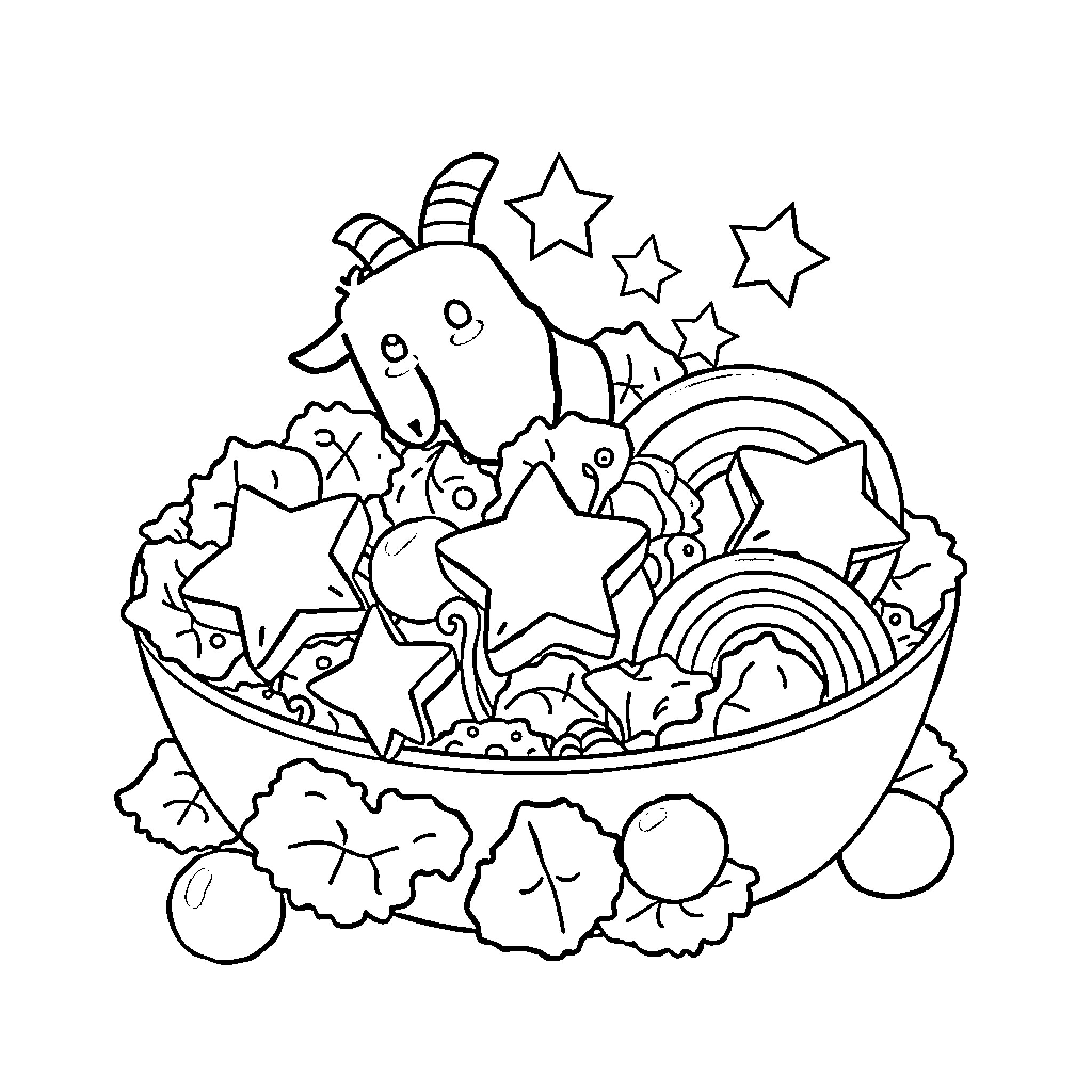 Ensalada of Whimsical Creatures and Celestial Wonders Coloring Page (free black-and-white line drawing printable PDF for all, from beginners to advanced learners, including children, teens, adults, and seniors)
