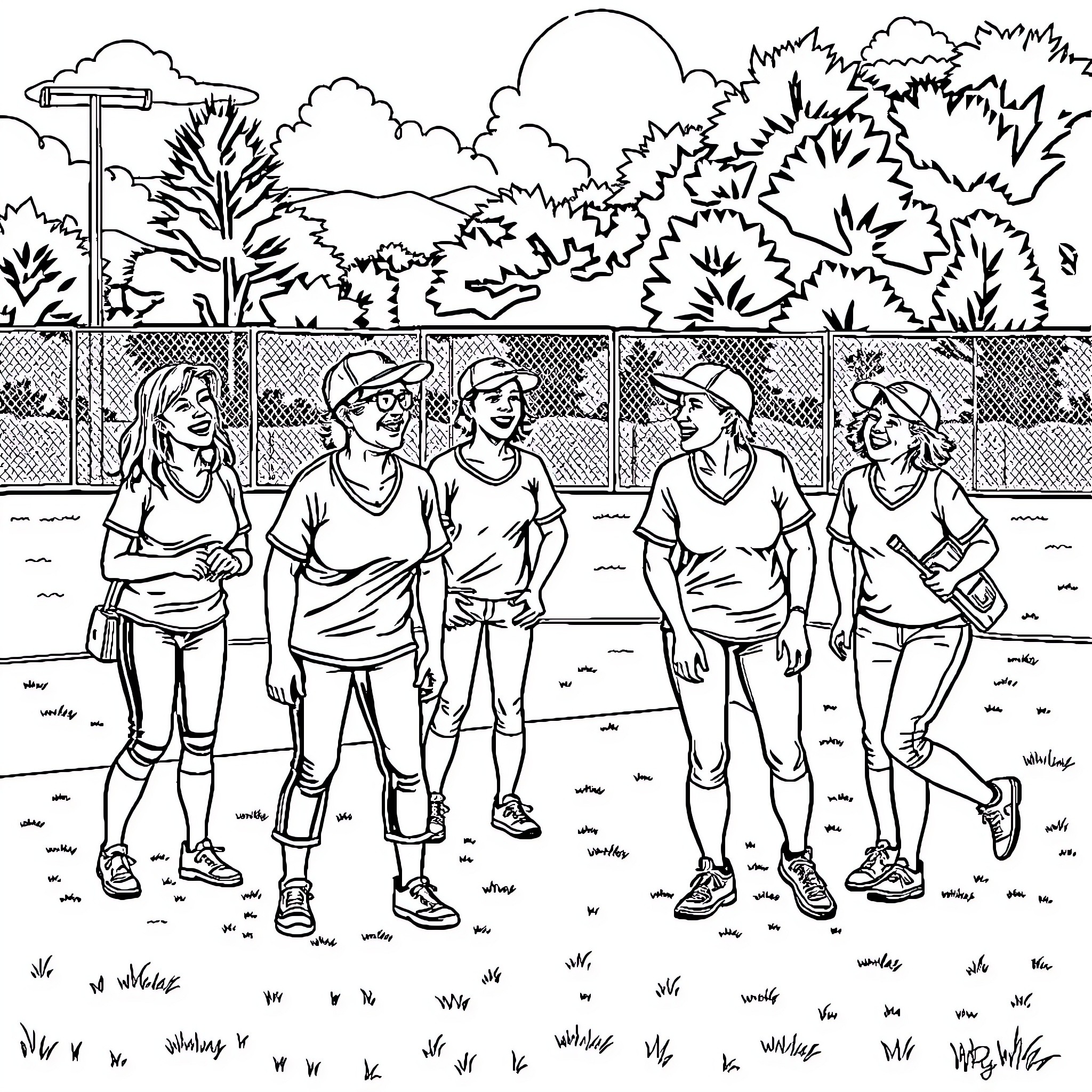 Teacher and students in outdoor sports activity Coloring Page (free black-and-white line drawing printable PDF for all, from beginners to advanced learners, including children, teens, adults, and seniors)
