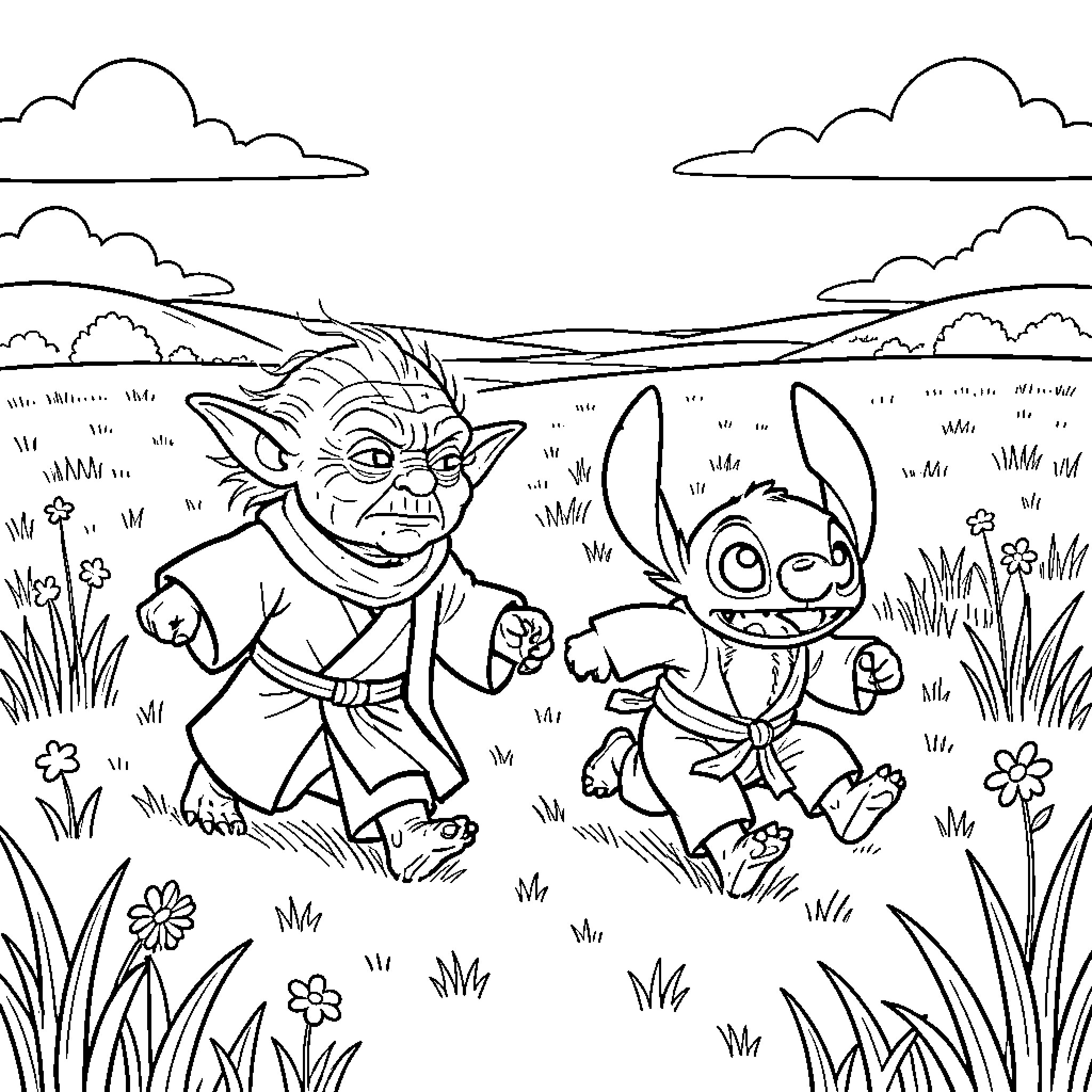 Yoda walking through a meadow with a small creature Coloring Page (free black-and-white line drawing printable PDF for all, from beginners to advanced learners, including children, teens, adults, and seniors)