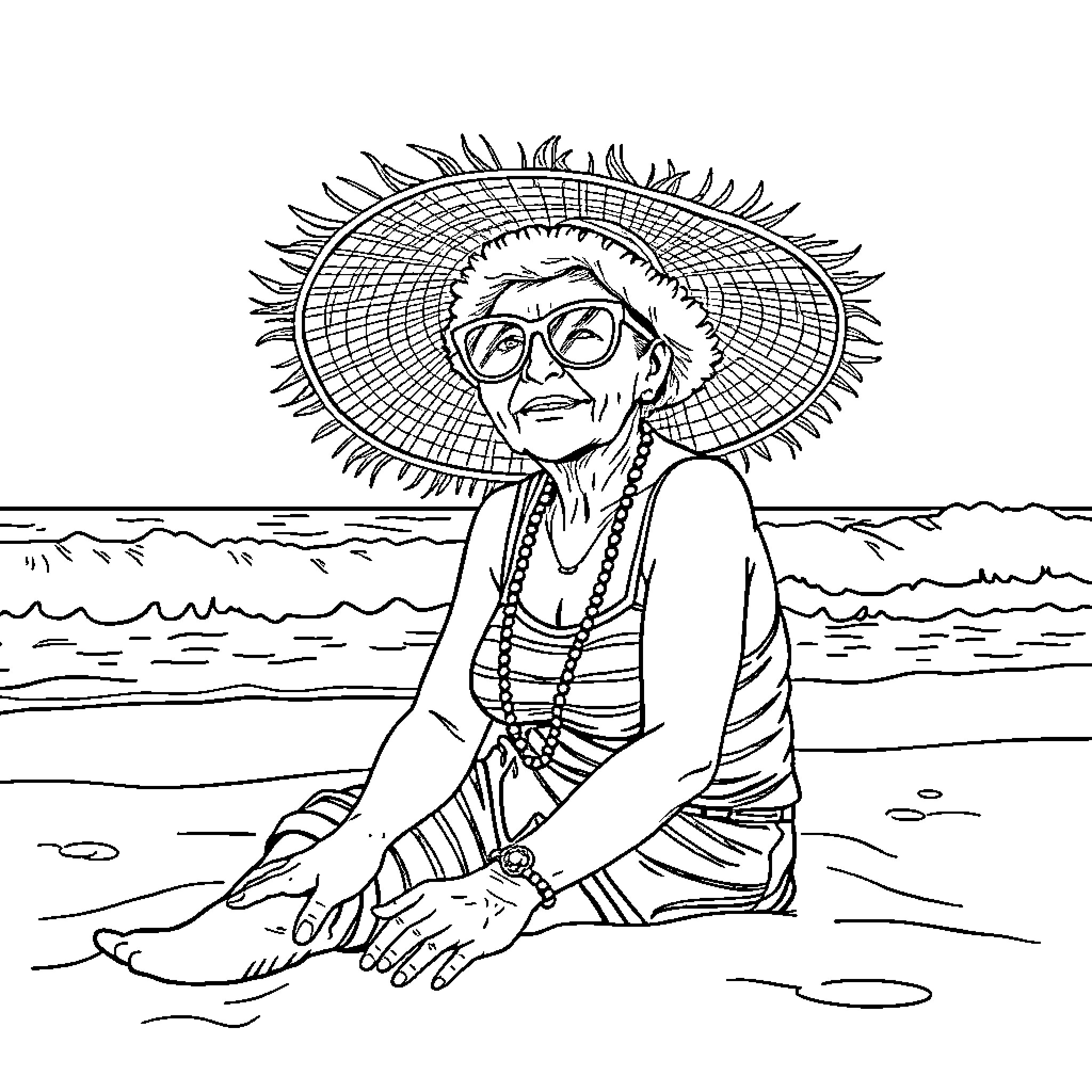Grandma relaxing on the beach Coloring Page (free black-and-white line drawing printable PDF for all, from beginners to advanced learners, including children, teens, adults, and seniors)