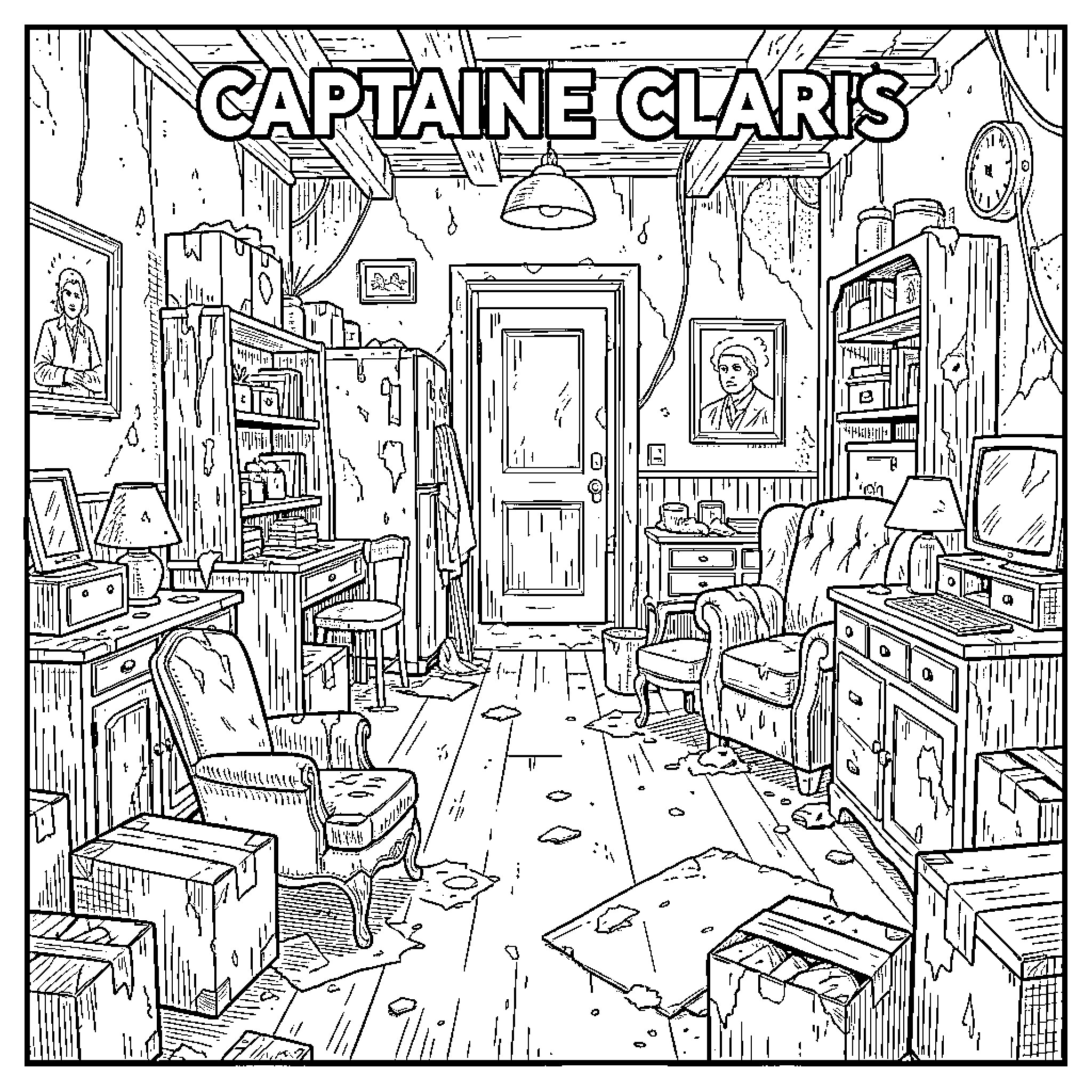 Capitaine Clark exploring a messy and cluttered room Coloring Page (free black-and-white line drawing printable PDF for all, from beginners to advanced learners, including children, teens, adults, and seniors)
