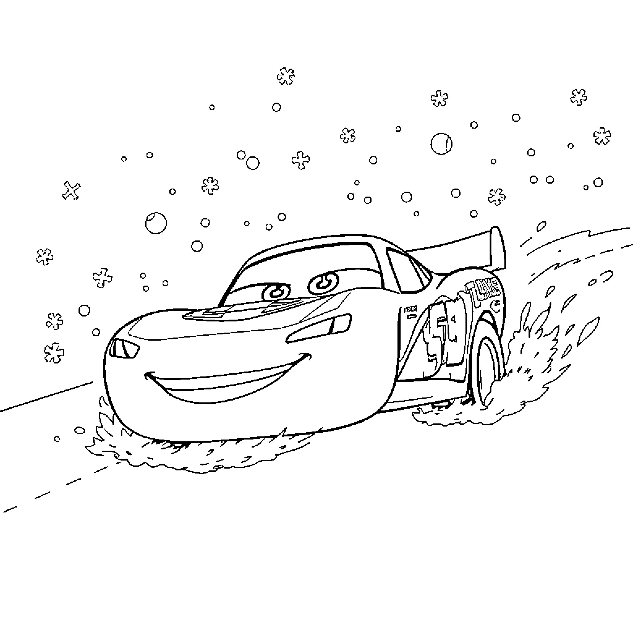 Flash McQueen speeding through snowy winter scene Coloring Page (free black-and-white line drawing printable PDF for all, from beginners to advanced learners, including children, teens, adults, and seniors)