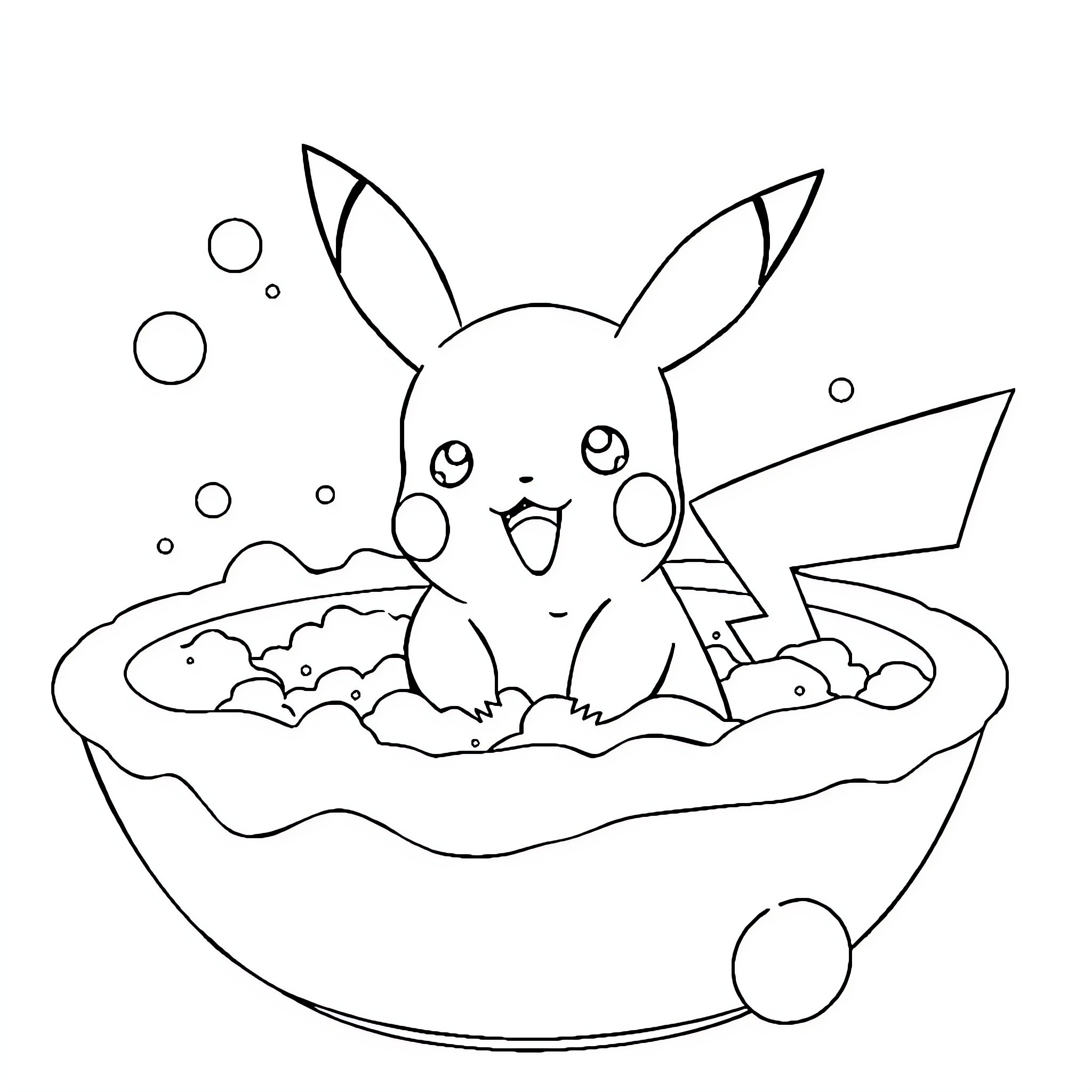 Pikachu relaxing in a bubble bath Coloring Page (free black-and-white line drawing printable PDF for all, from beginners to advanced learners, including children, teens, adults, and seniors)