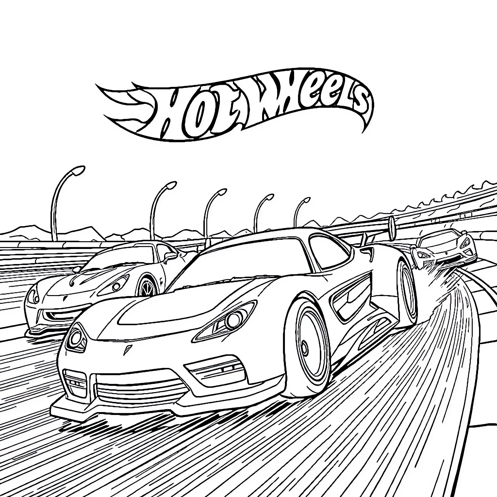Hot Wheels speeding through the racetrack Coloring Page (free black-and-white line drawing printable PDF for all, from beginners to advanced learners, including children, teens, adults, and seniors)
