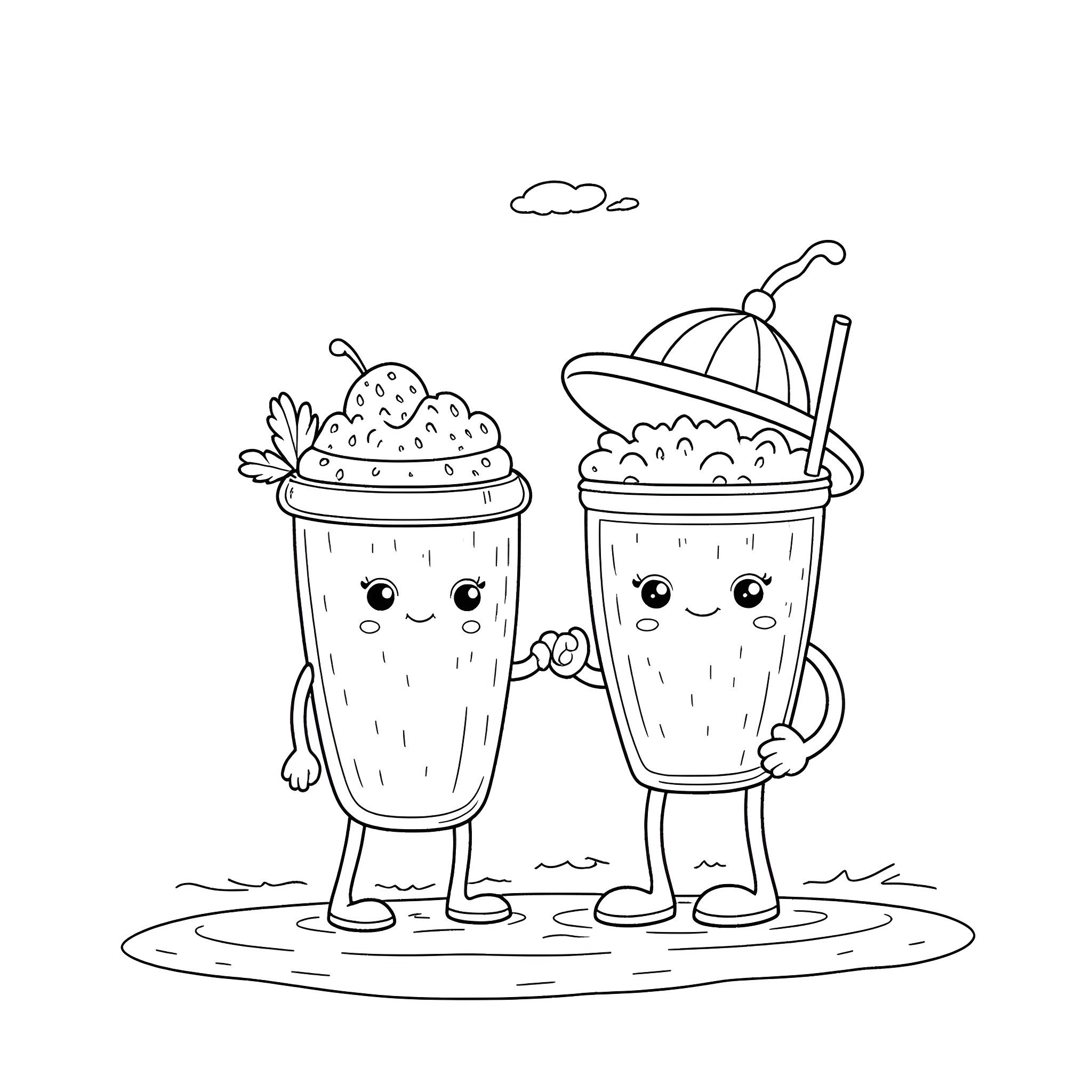 Strawberry Milkshake Enjoying a Sunny Day Coloring Page (free black-and-white line drawing printable PDF for all, from beginners to advanced learners, including children, teens, adults, and seniors)