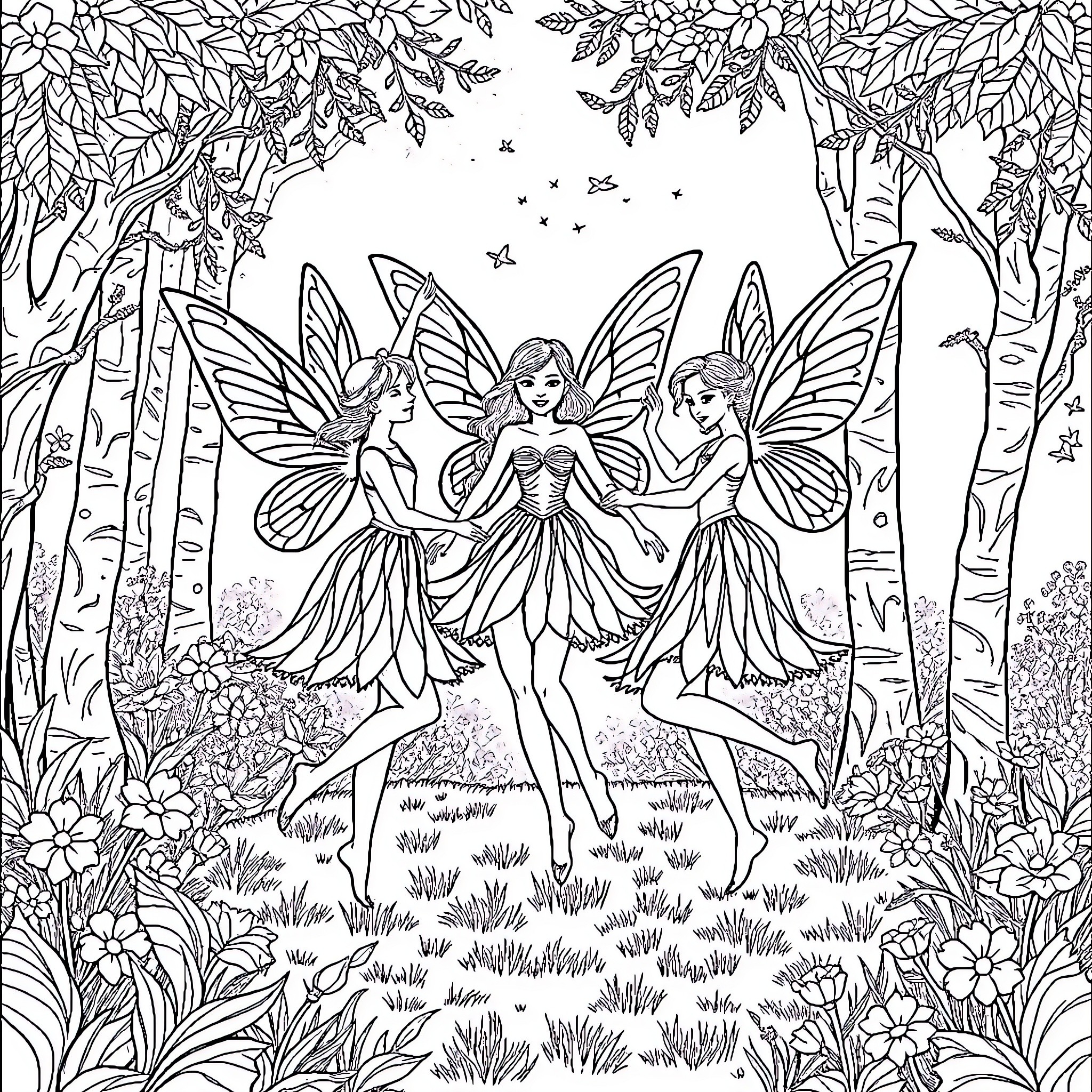Fairy Friends Frolicking in the Forest Coloring Page (free black-and-white line drawing printable PDF for all, from beginners to advanced learners, including children, teens, adults, and seniors)