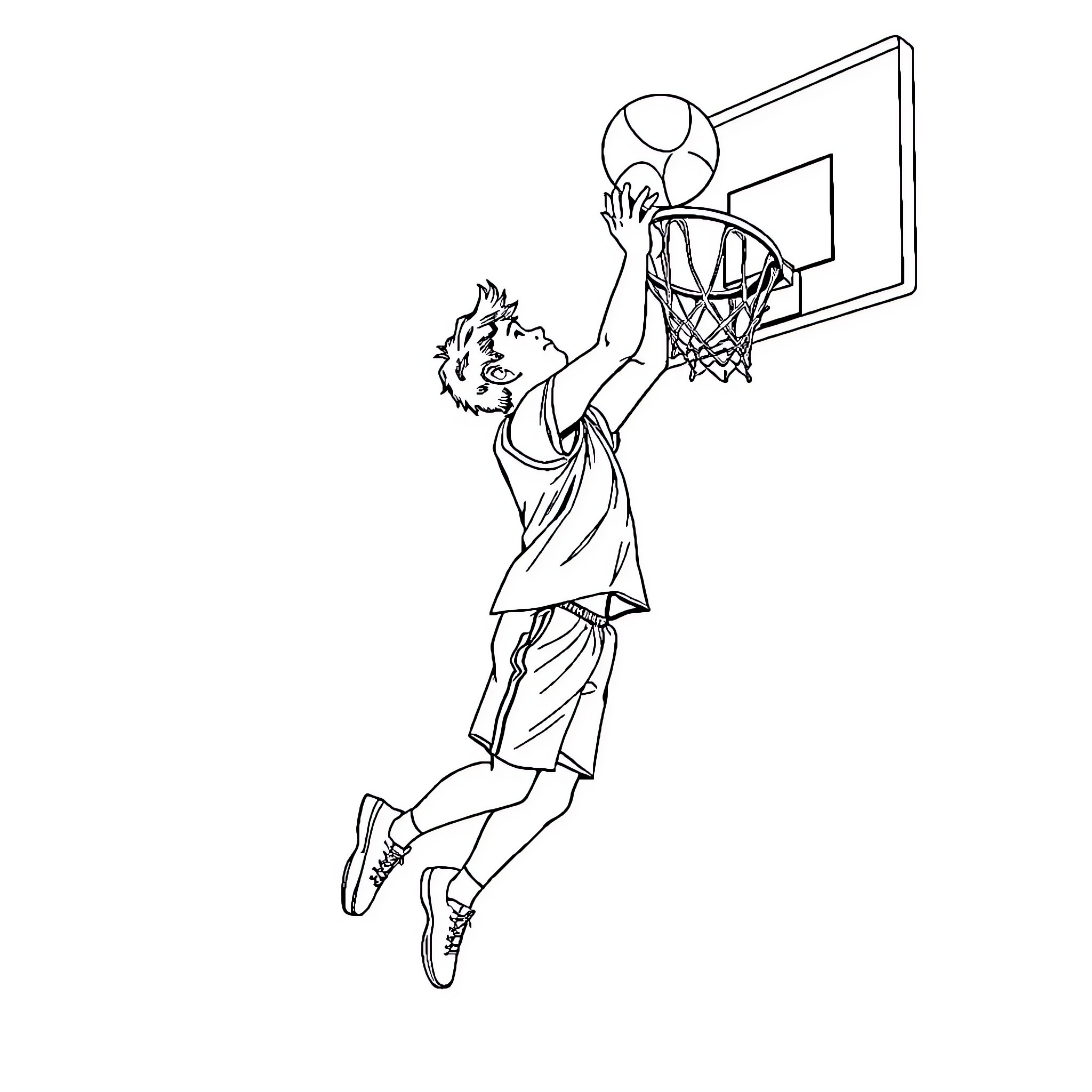 Guy jumping to slam dunk basketball Coloring Page (free black-and-white line drawing printable PDF for all, from beginners to advanced learners, including children, teens, adults, and seniors)