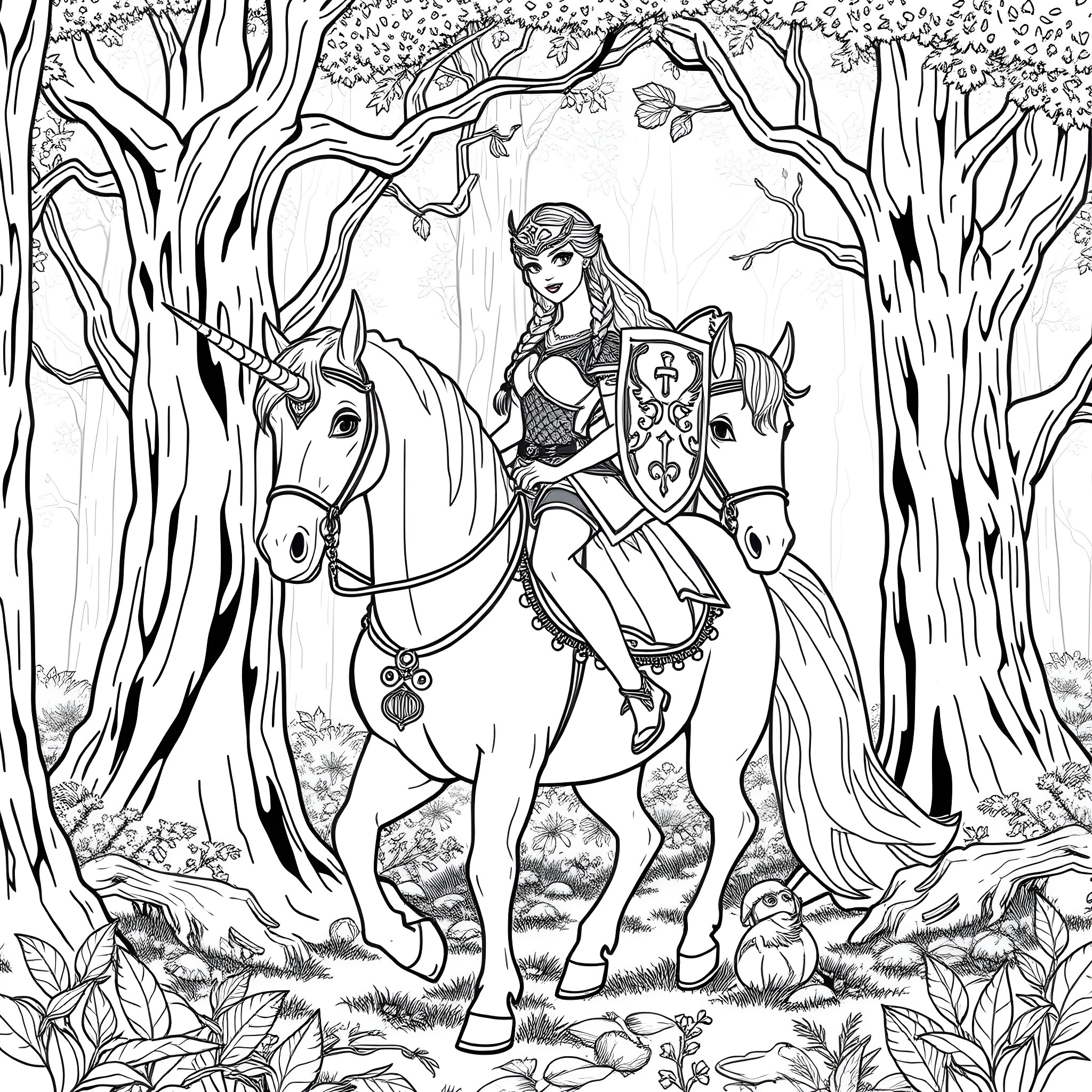 Viking Barbie on a Magical Quest through the Enchanted Forest Coloring Page (free black-and-white line drawing printable PDF for all, from beginners to advanced learners, including children, teens, adults, and seniors)