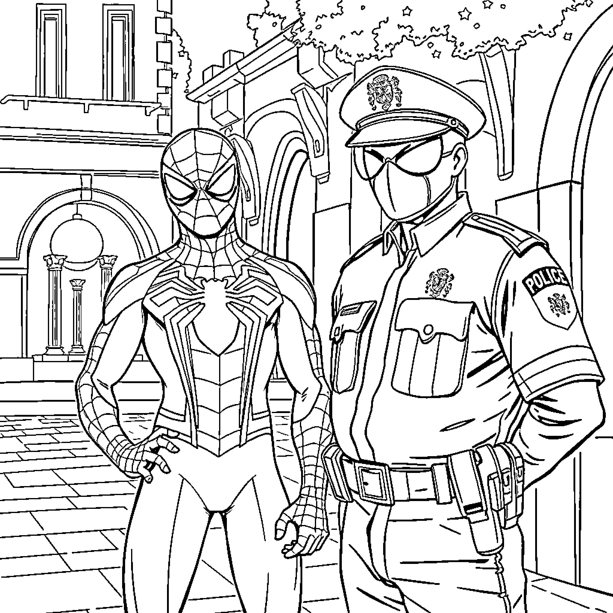 Spiderman and police officer working together in the city Coloring Page (free black-and-white line drawing printable PDF for all, from beginners to advanced learners, including children, teens, adults, and seniors)