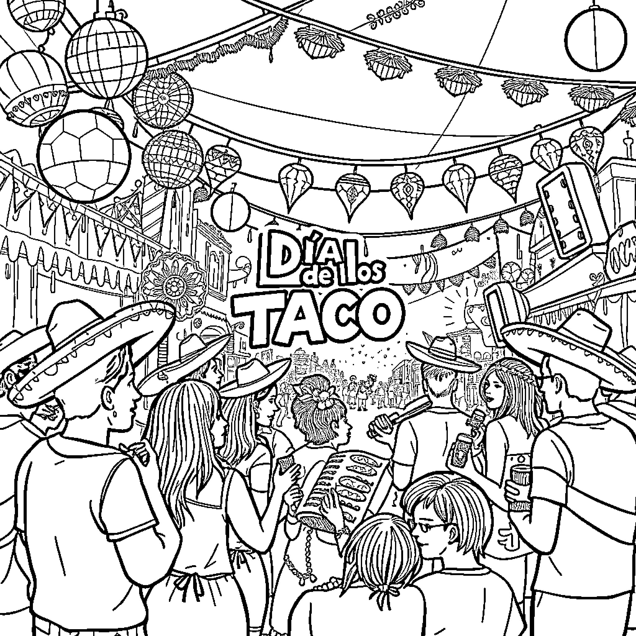 Taco Festival with Festive Decorations and Lively Crowd Coloring Page (free black-and-white line drawing printable PDF for all, from beginners to advanced learners, including children, teens, adults, and seniors)