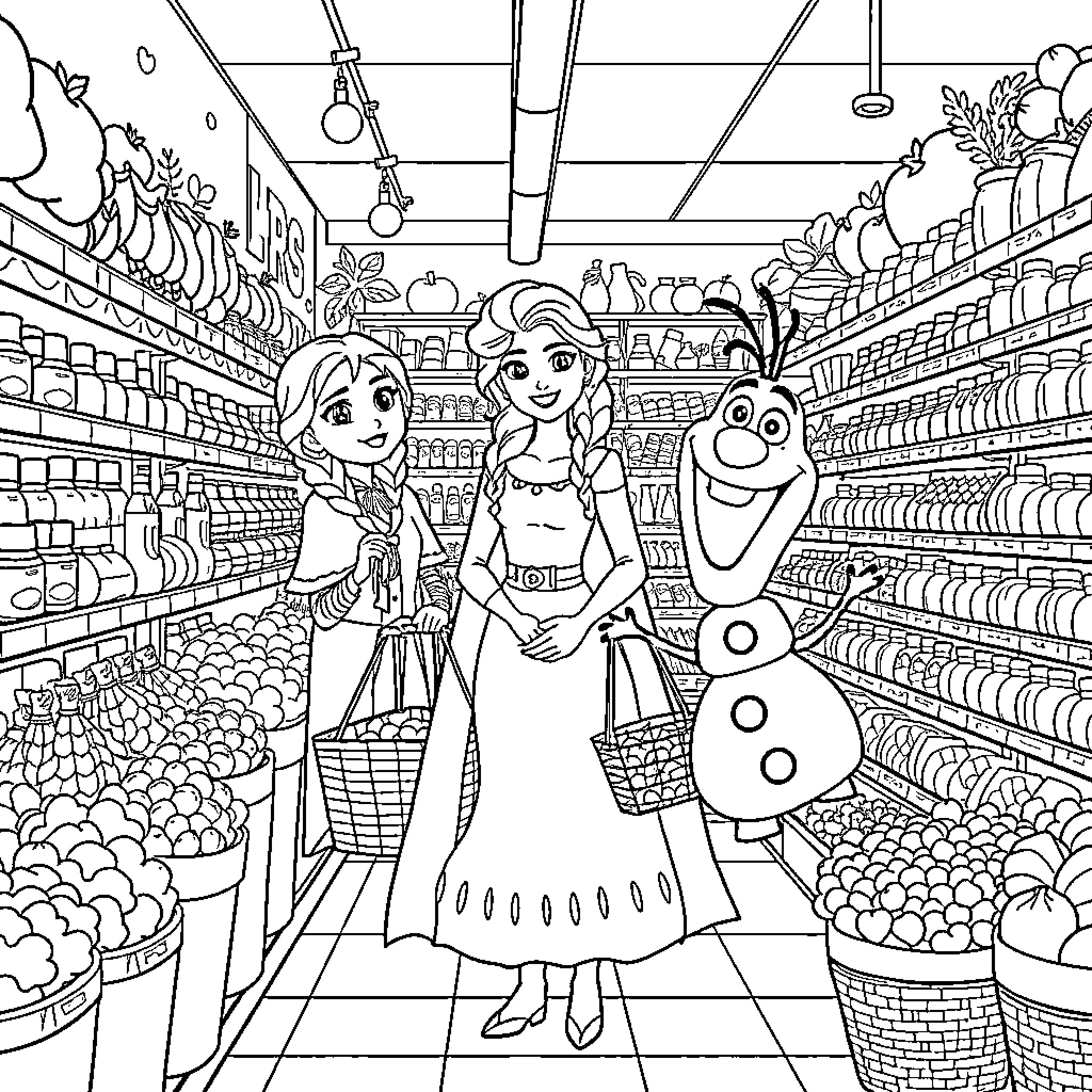 Anna Elsa Olaf shopping in the supermarket Coloring Page (free black-and-white line drawing printable PDF for all, from beginners to advanced learners, including children, teens, adults, and seniors)