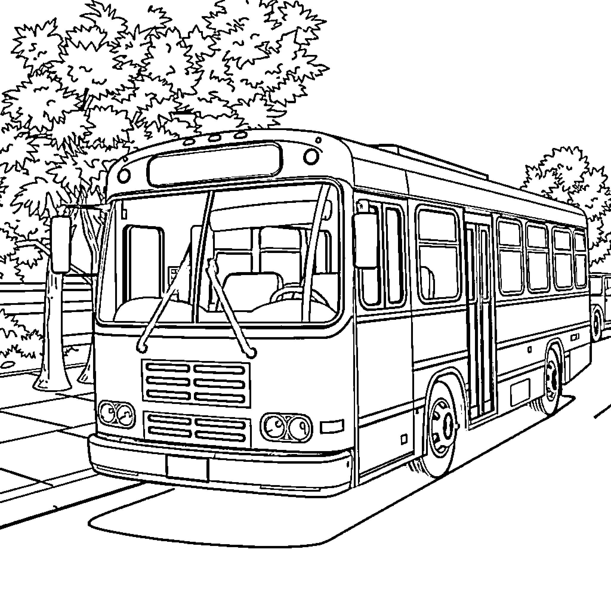 Bus parked on a street with trees Coloring Page (free black-and-white line drawing printable PDF for all, from beginners to advanced learners, including children, teens, adults, and seniors)