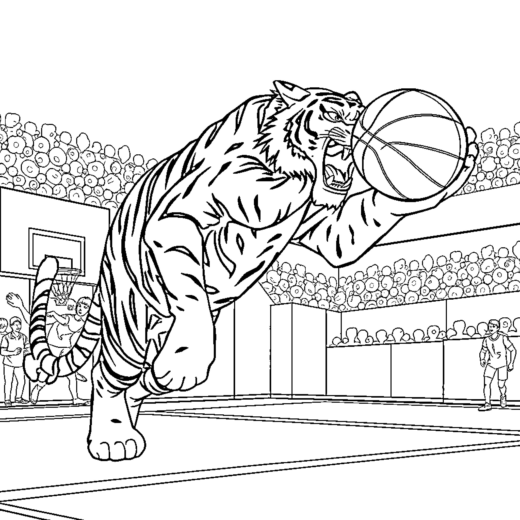 Tiger Dunking a Basketball on the Court Coloring Page (free black-and-white line drawing printable PDF for all, from beginners to advanced learners, including children, teens, adults, and seniors)