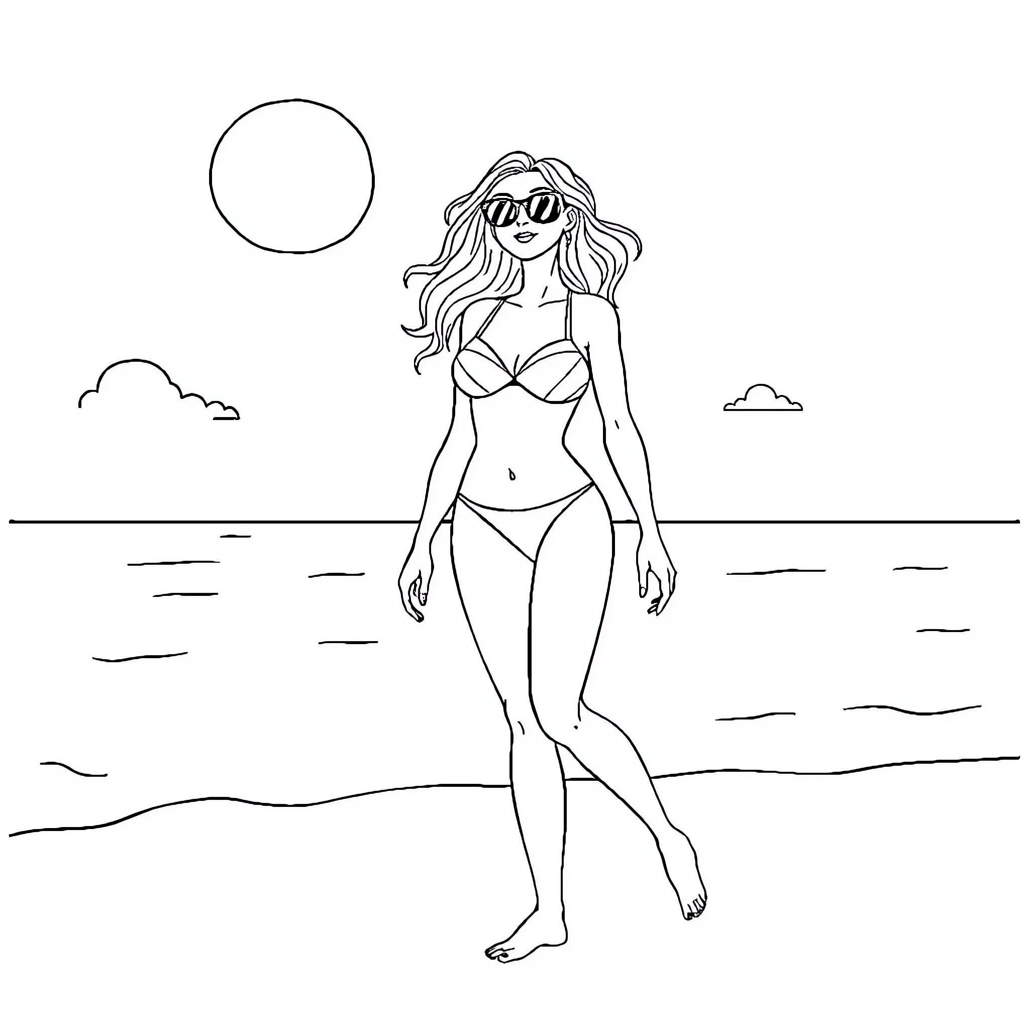 Girl relaxing on the beach in swimwear Coloring Page (free black-and-white line drawing printable PDF for all, from beginners to advanced learners, including children, teens, adults, and seniors)