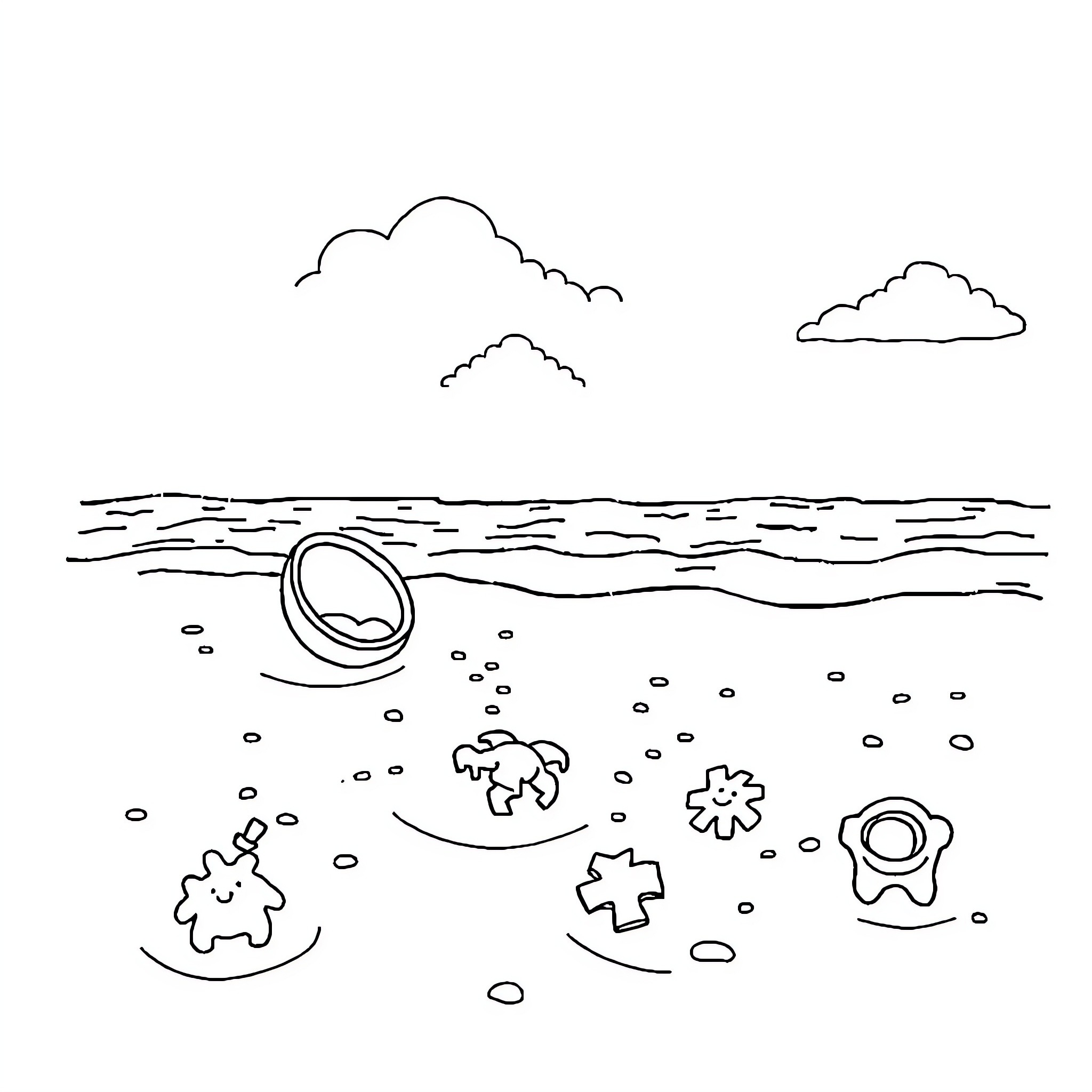 Toddler playing in the wavy ocean with shells Coloring Page (free black-and-white line drawing printable PDF for all, from beginners to advanced learners, including children, teens, adults, and seniors)