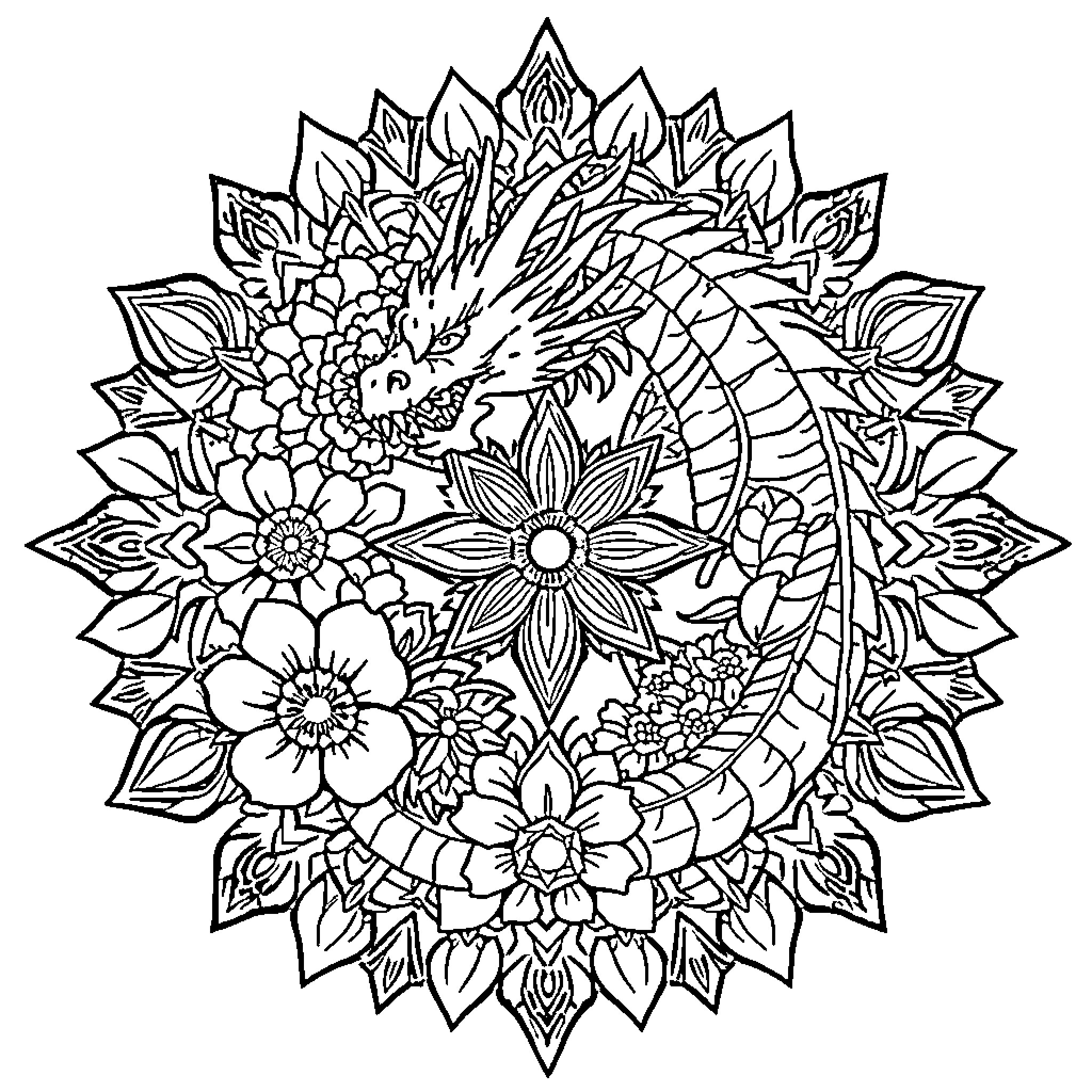 Flower mandala with intricate floral pattern Coloring Page (free black-and-white line drawing printable PDF for all, from beginners to advanced learners, including children, teens, adults, and seniors)