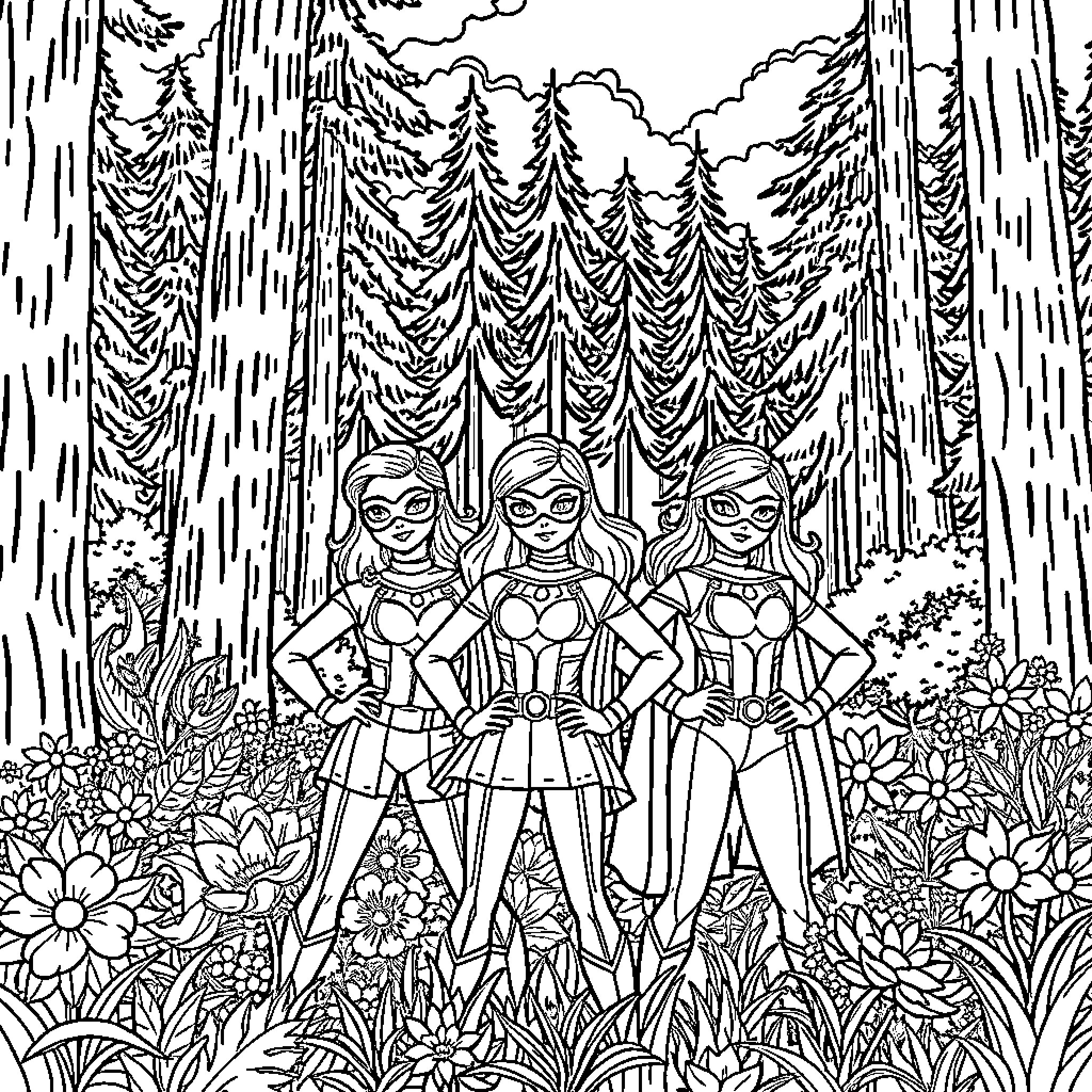 Super Girls Heroically Pose in Enchanted Forest Coloring Page (free black-and-white line drawing printable PDF for all, from beginners to advanced learners, including children, teens, adults, and seniors)