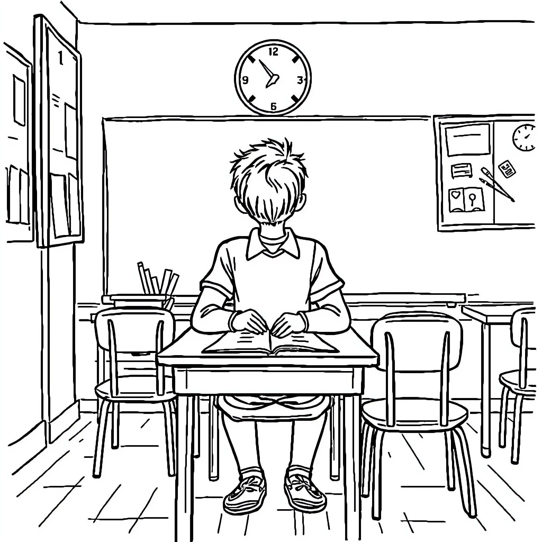 Student studying intently in classroom Coloring Page (free black-and-white line drawing printable PDF for all, from beginners to advanced learners, including children, teens, adults, and seniors)