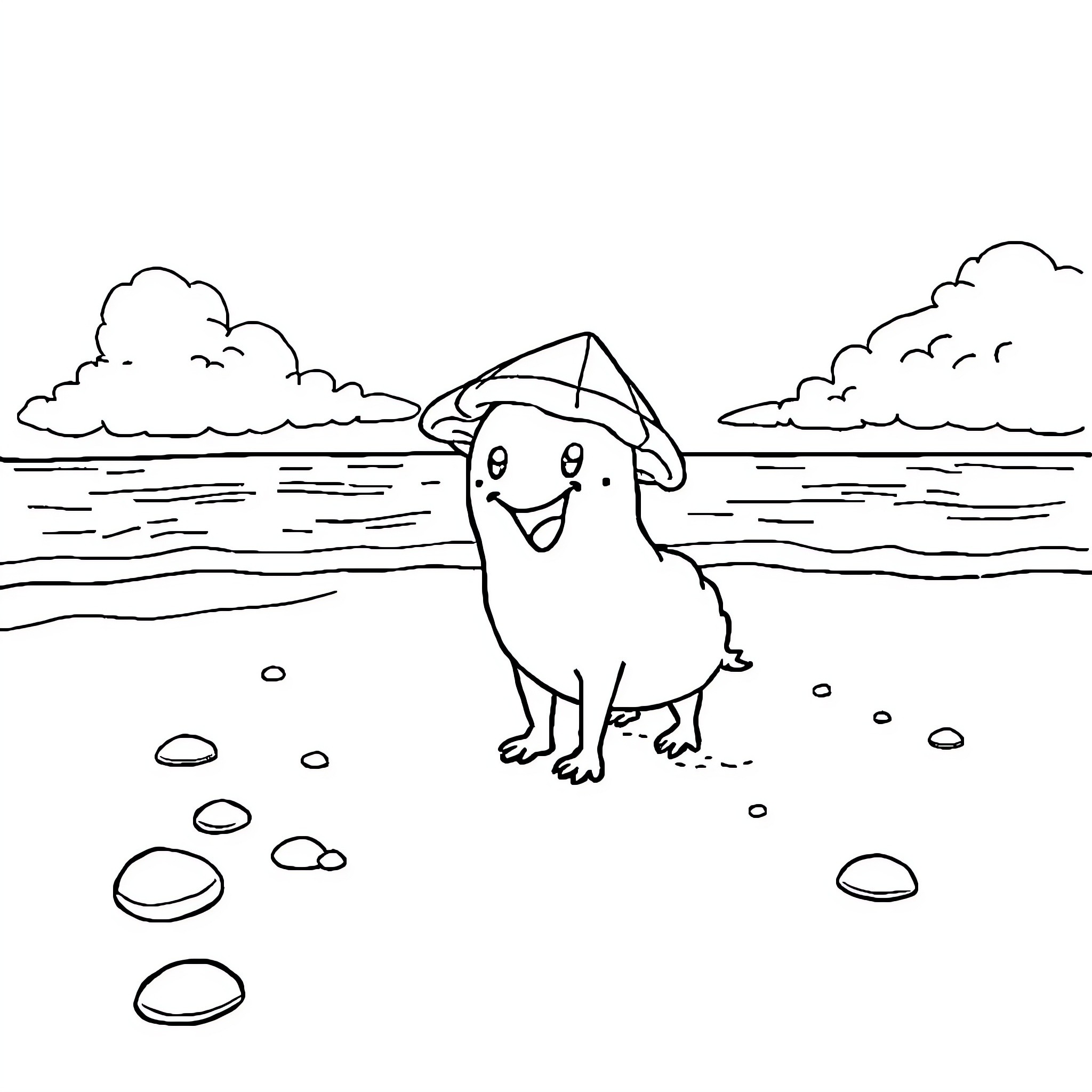 Caca character enjoying the seaside Coloring Page (free black-and-white line drawing printable PDF for all, from beginners to advanced learners, including children, teens, adults, and seniors)