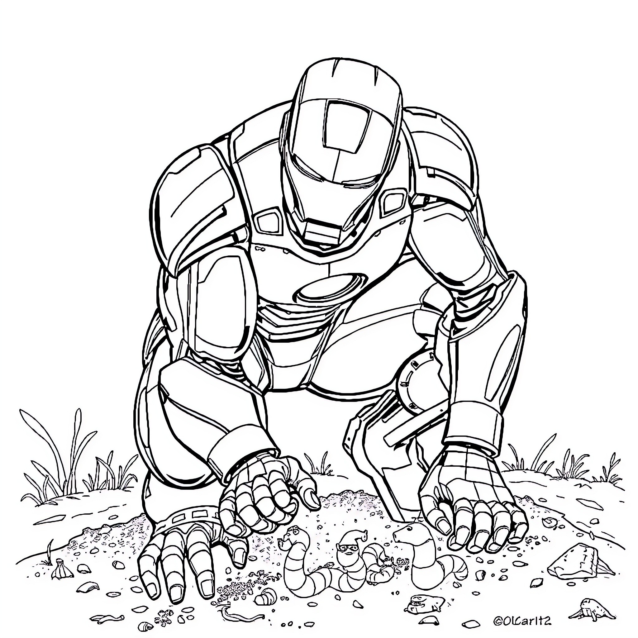 Ironman surveying the scene in combat mode Coloring Page (free black-and-white line drawing printable PDF for all, from beginners to advanced learners, including children, teens, adults, and seniors)
