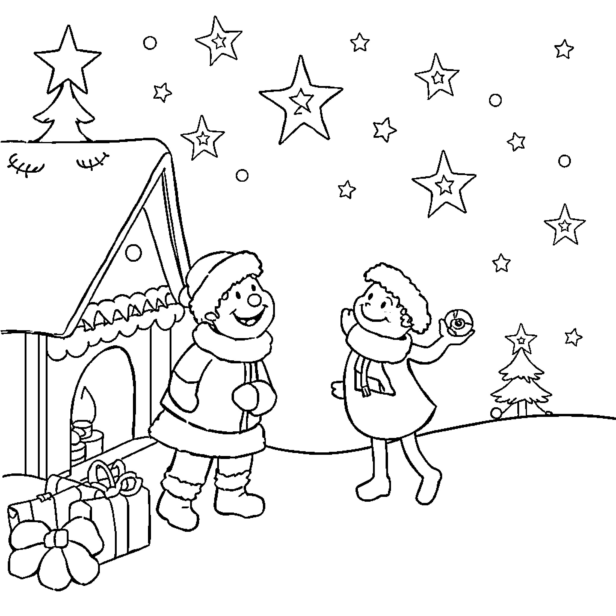 Christmas Fun with Festive Friends Coloring Page (free black-and-white line drawing printable PDF for all, from beginners to advanced learners, including children, teens, adults, and seniors)