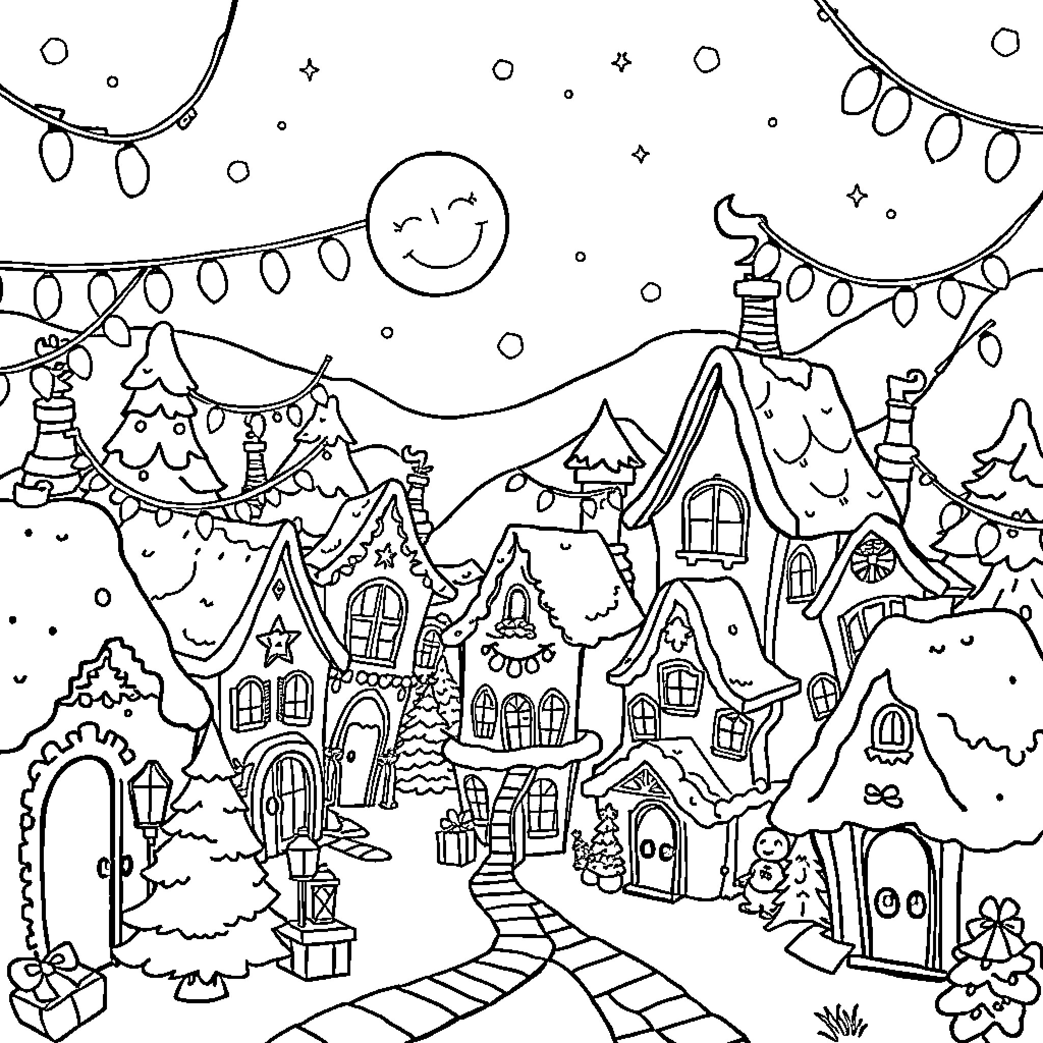 Christmas Village with Whimsical Scenes and Decorations Coloring Page (free black-and-white line drawing printable PDF for all, from beginners to advanced learners, including children, teens, adults, and seniors)
