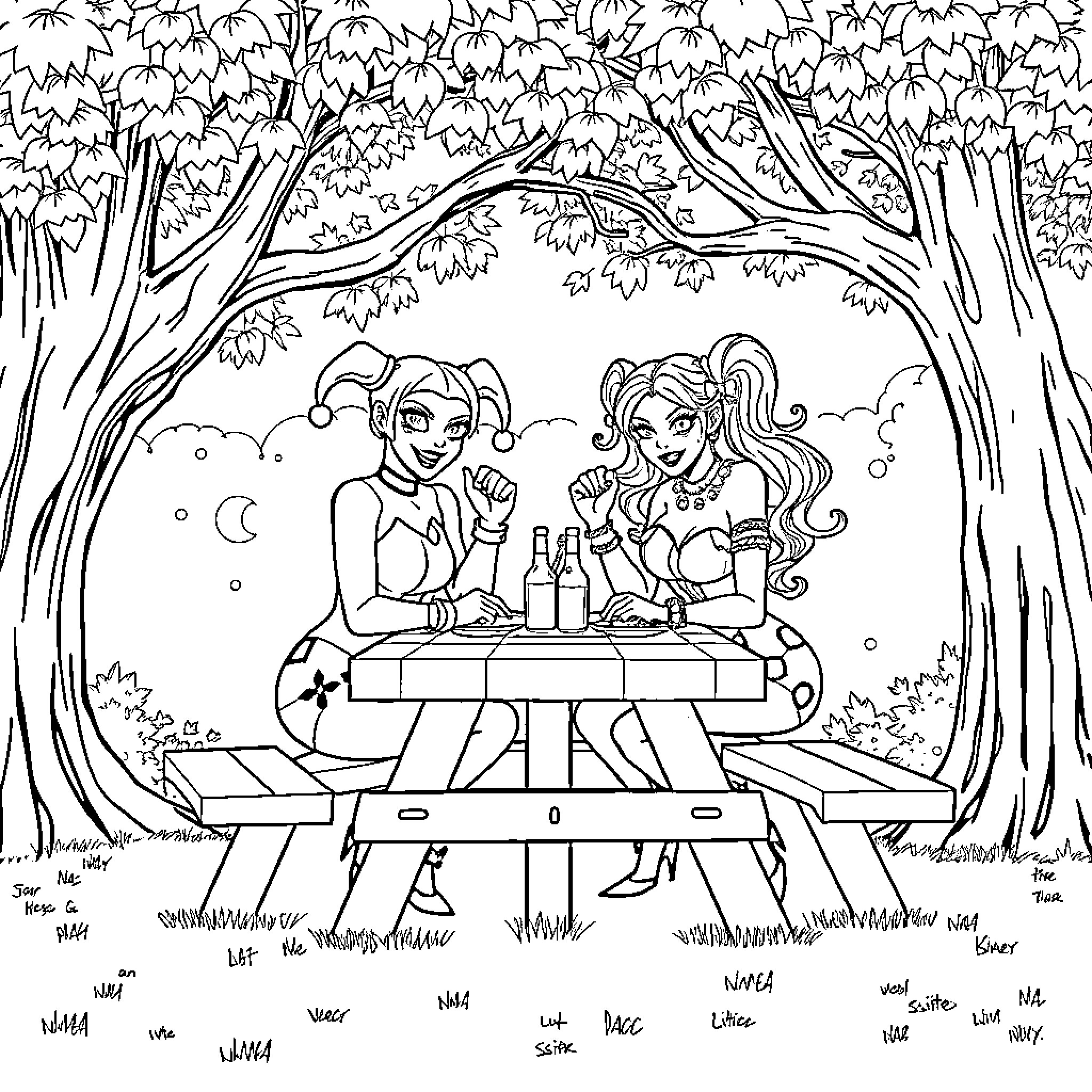 Harley Quinn and Poison Ivy having a picnic in the forest Coloring Page (free black-and-white line drawing printable PDF for all, from beginners to advanced learners, including children, teens, adults, and seniors)