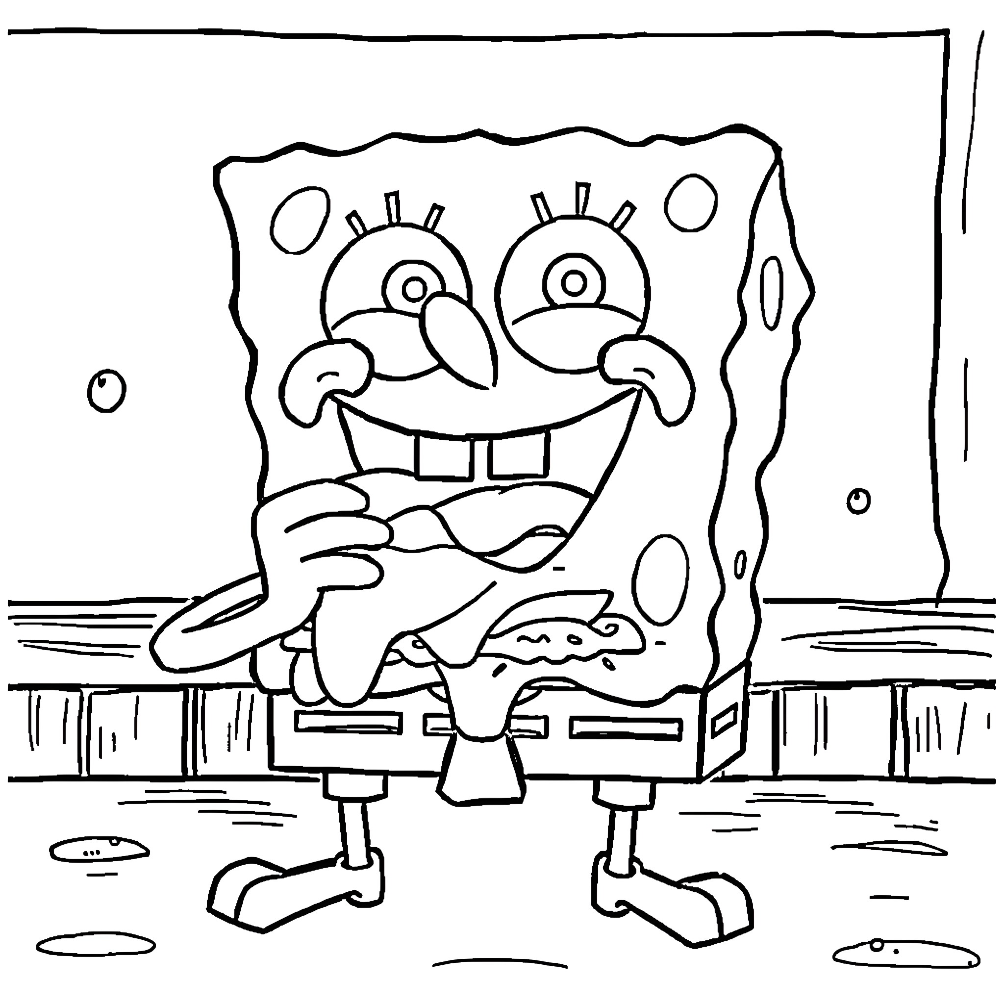 Spongebob making a silly face Coloring Page (free black-and-white line drawing printable PDF for all, from beginners to advanced learners, including children, teens, adults, and seniors)