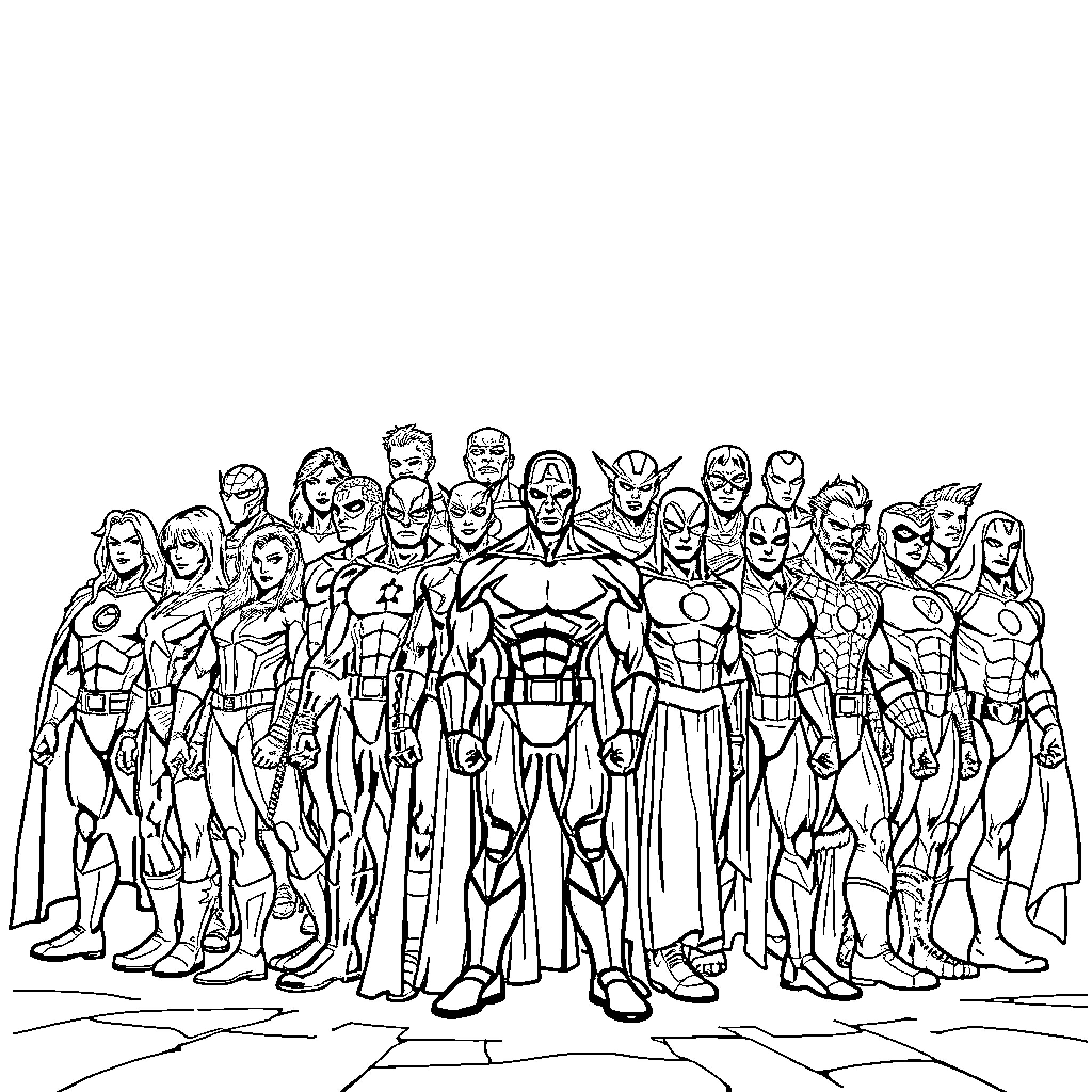 Marvel Heroes in Action Poses Coloring Page (free black-and-white line drawing printable PDF for all, from beginners to advanced learners, including children, teens, adults, and seniors)