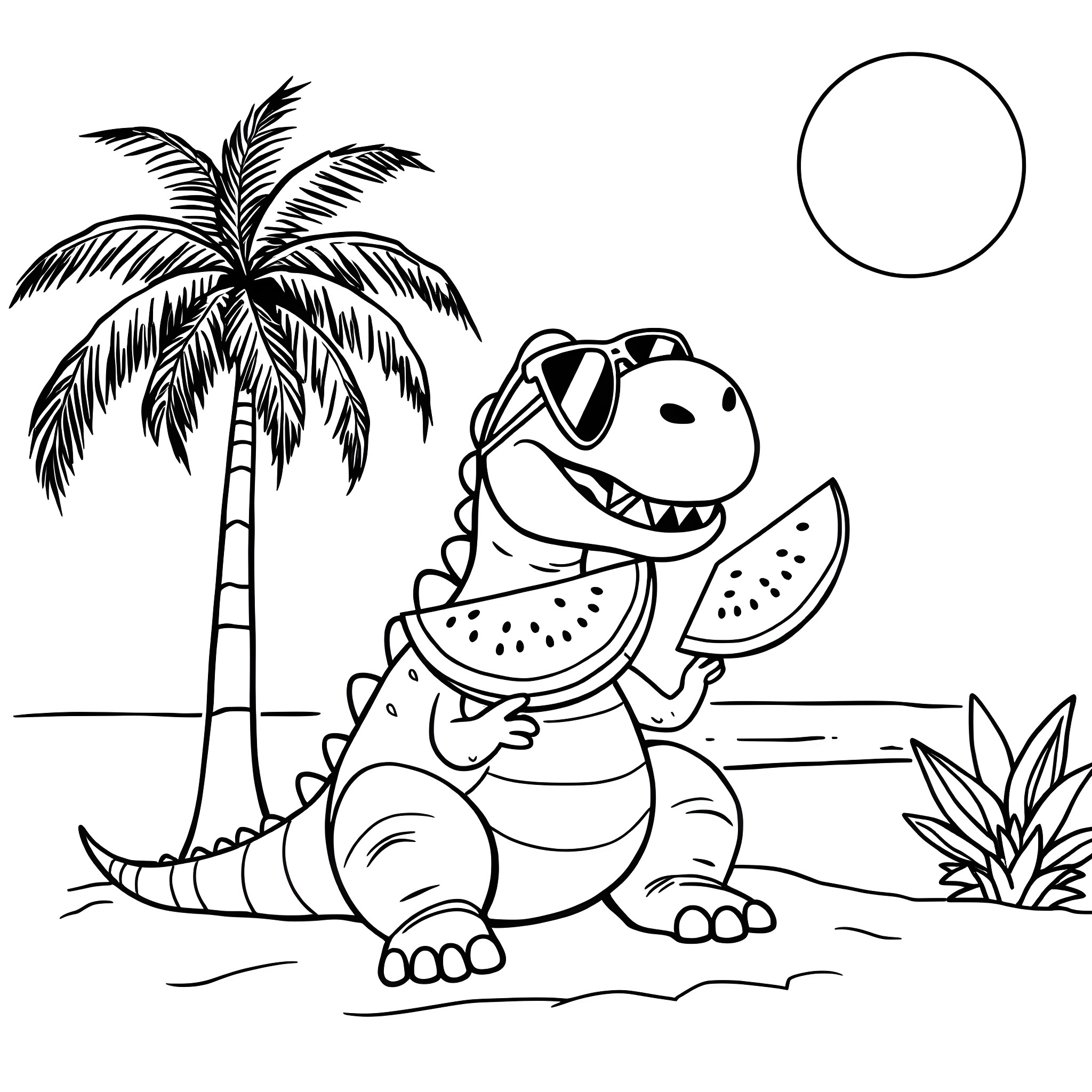 Dinosaur eating watermelon under palm tree Coloring Page (free black-and-white line drawing printable PDF for all, from beginners to advanced learners, including children, teens, adults, and seniors)