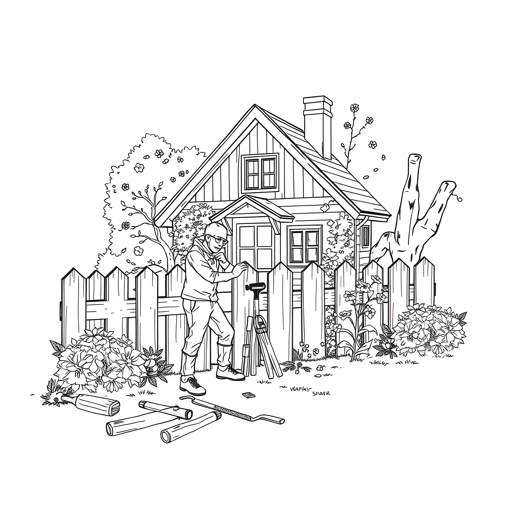 Man gardening in front of cozy cottage Coloring Page (free black-and-white line drawing printable PDF for all, from beginners to advanced learners, including children, teens, adults, and seniors)