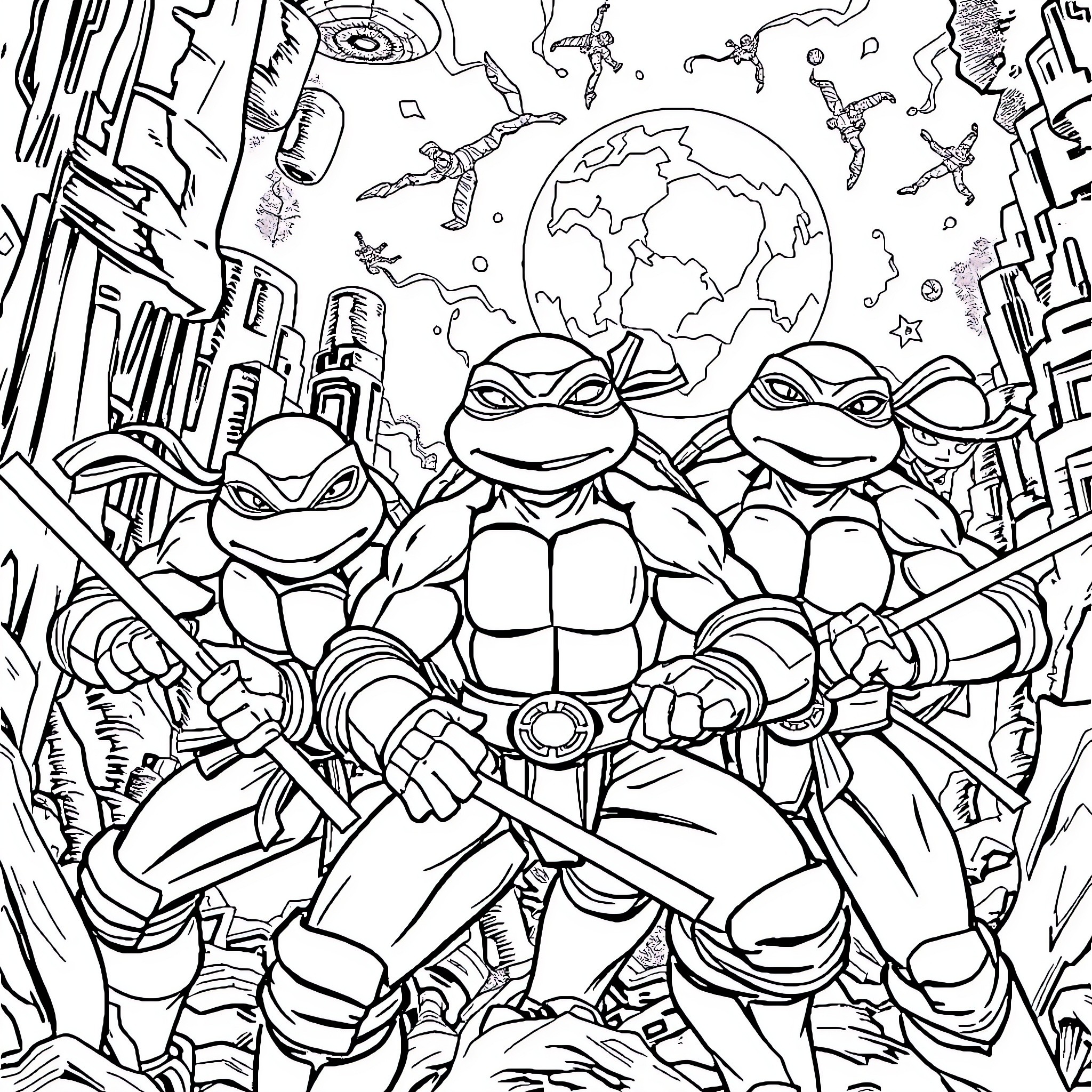 Mutant Ninja Turtles battle in futuristic cityscape Coloring Page (free black-and-white line drawing printable PDF for all, from beginners to advanced learners, including children, teens, adults, and seniors)
