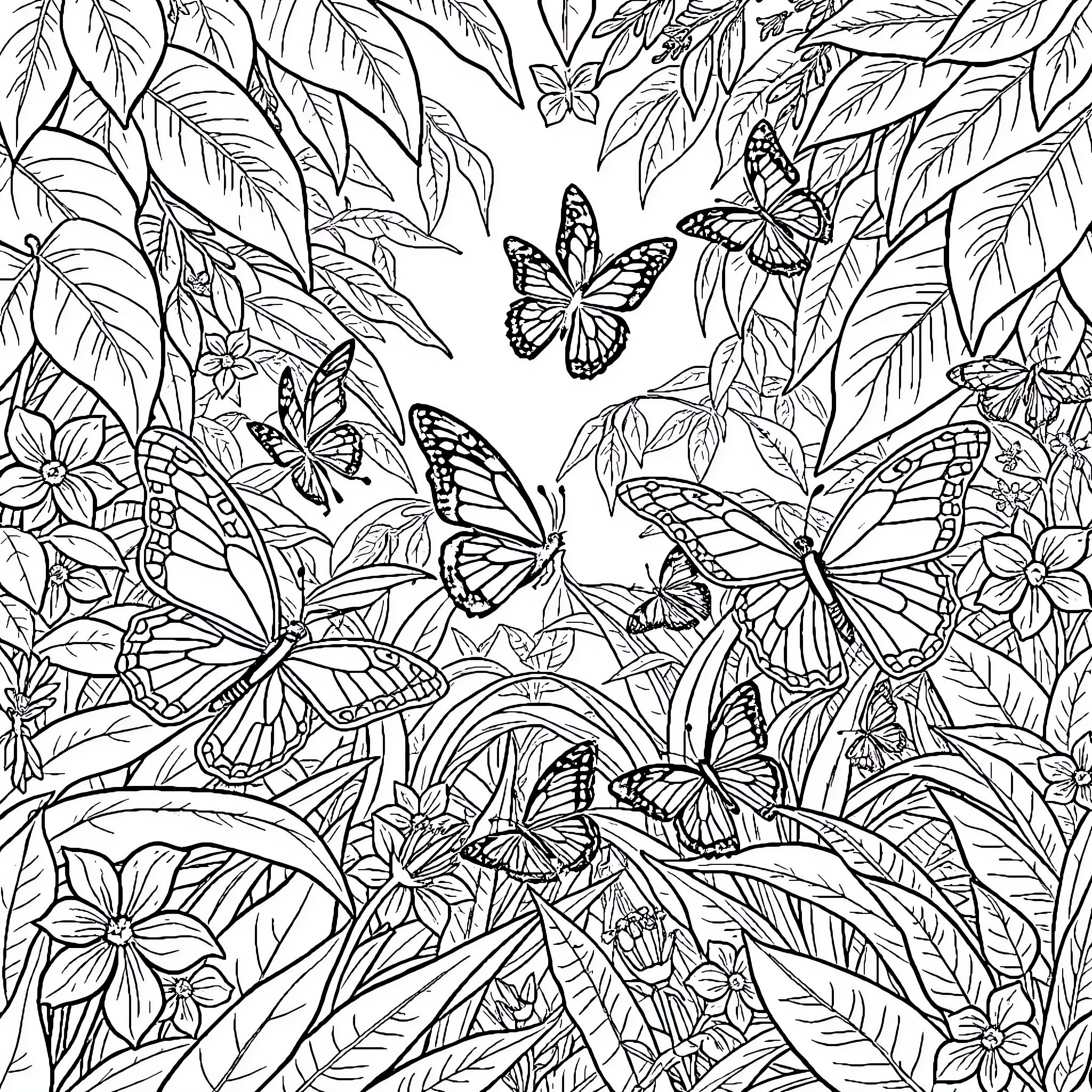Butterfly dance in the tropical foliage Coloring Page (free black-and-white line drawing printable PDF for all, from beginners to advanced learners, including children, teens, adults, and seniors)