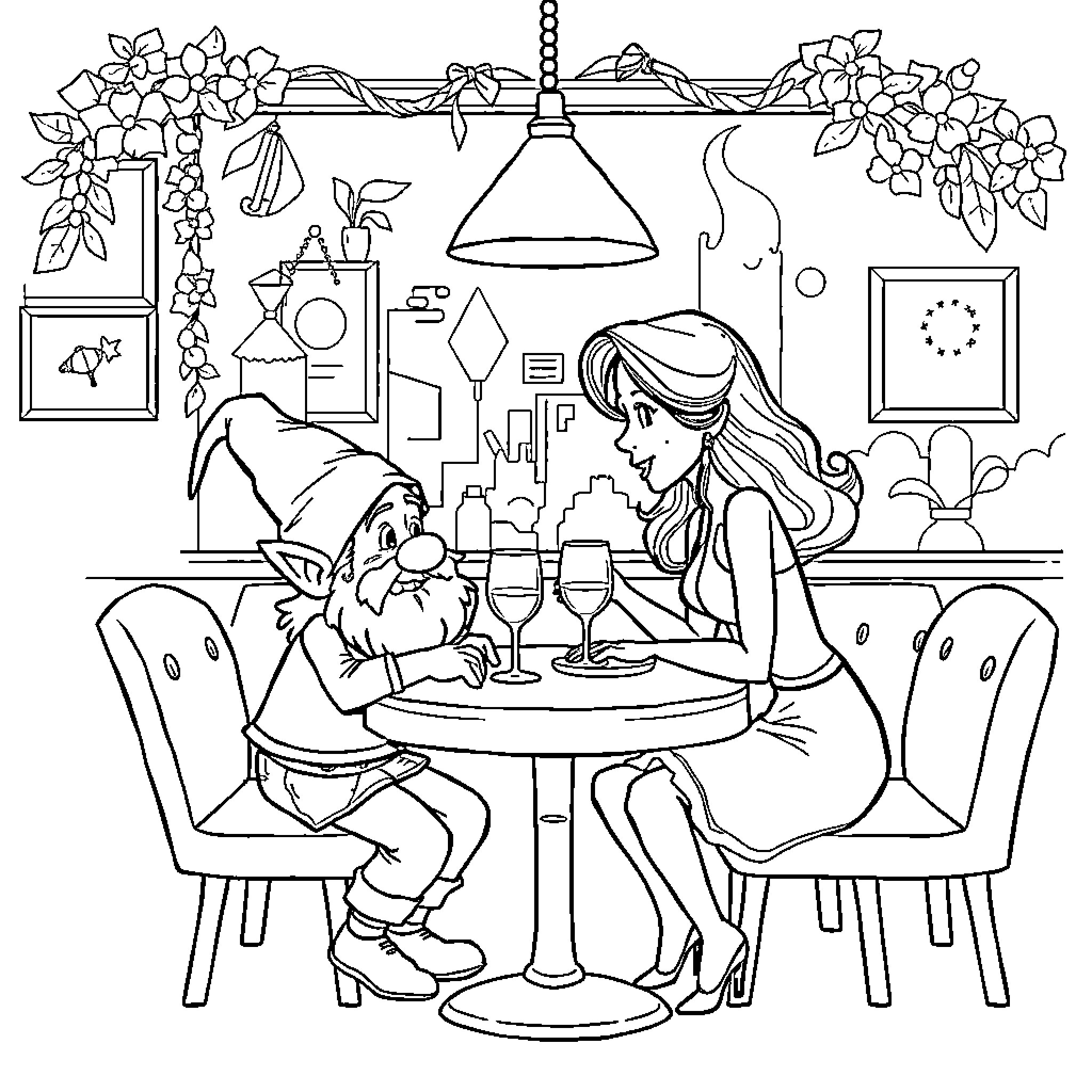 Dwarf and human sharing a meal in a cozy setting Coloring Page (free black-and-white line drawing printable PDF for all, from beginners to advanced learners, including children, teens, adults, and seniors)