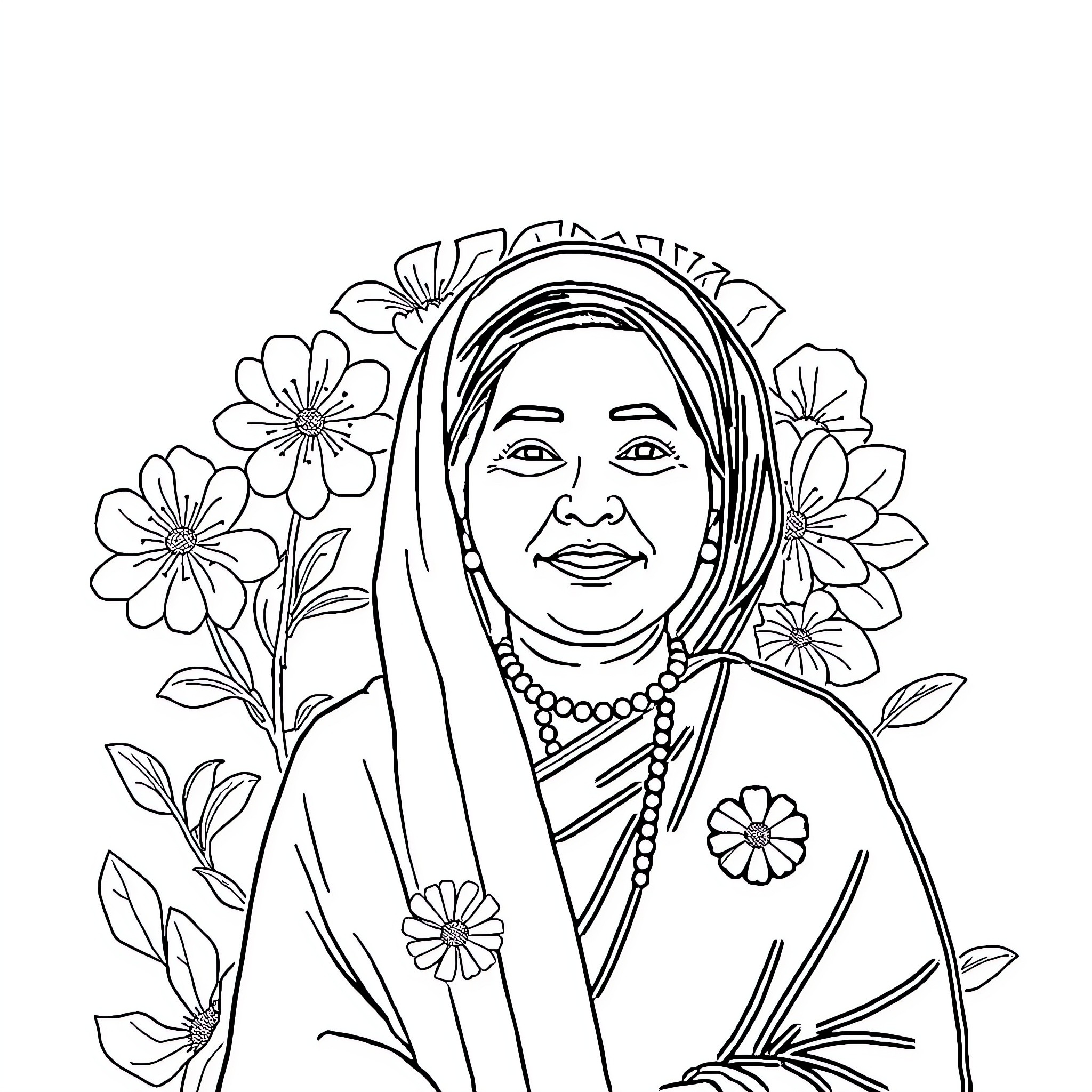 Kartini depicted in traditional attire surrounded by flowers Coloring Page (free black-and-white line drawing printable PDF for all, from beginners to advanced learners, including children, teens, adults, and seniors)