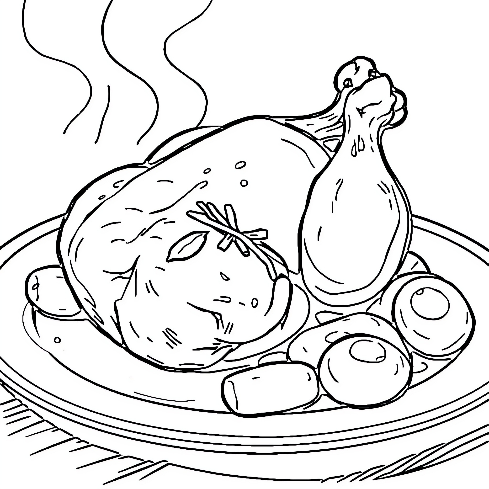 Chicken roasted with vegetables on a plate Coloring Page (free black-and-white line drawing printable PDF for all, from beginners to advanced learners, including children, teens, adults, and seniors)