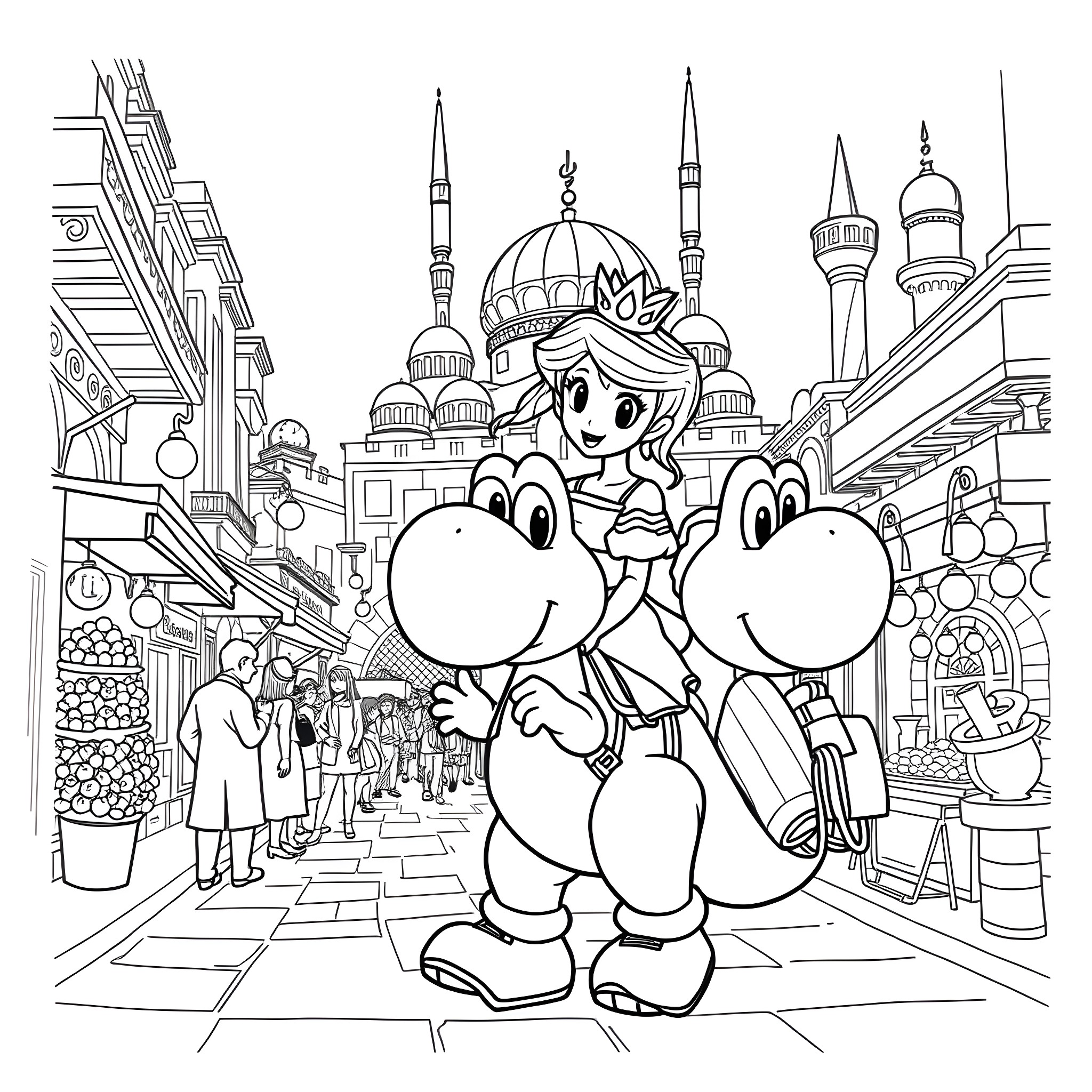 Princess and her Yoshi friends explore the bustling city Coloring Page (free black-and-white line drawing printable PDF for all, from beginners to advanced learners, including children, teens, adults, and seniors)