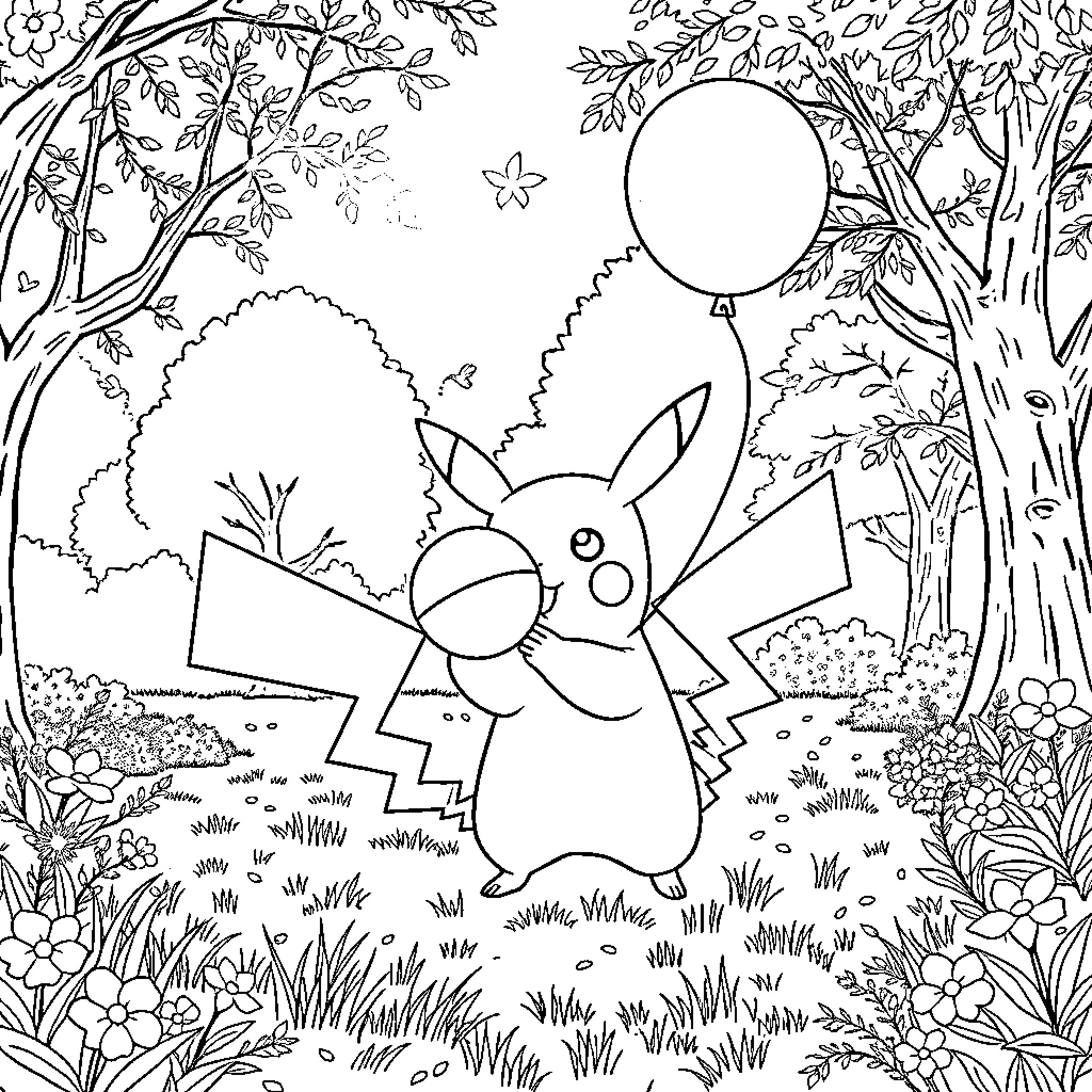 Pikachu exploring the enchanted forest Coloring Page (free black-and-white line drawing printable PDF for all, from beginners to advanced learners, including children, teens, adults, and seniors)