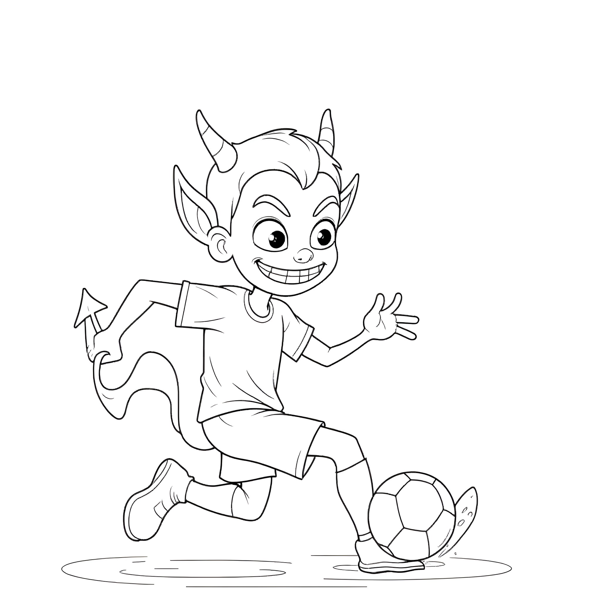 Devil-themed character playing soccer in a playful manner Coloring Page (free black-and-white line drawing printable PDF for all, from beginners to advanced learners, including children, teens, adults, and seniors)