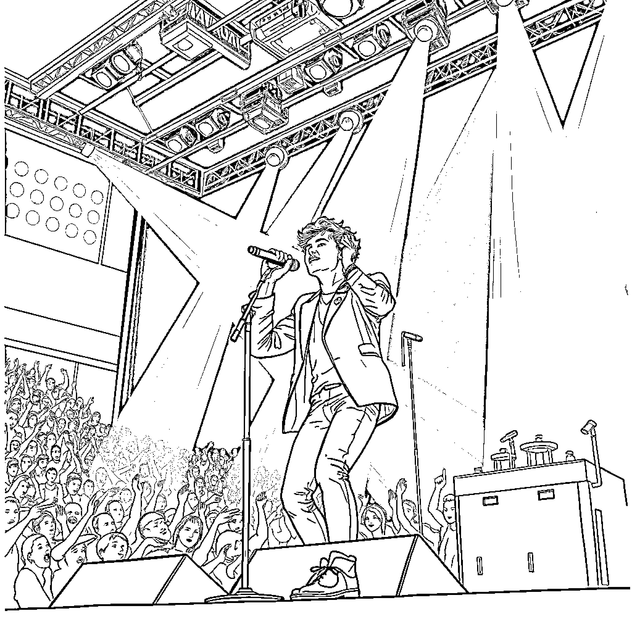 Harry Styles Performing Energetically on Stage Coloring Page (free black-and-white line drawing printable PDF for all, from beginners to advanced learners, including children, teens, adults, and seniors)
