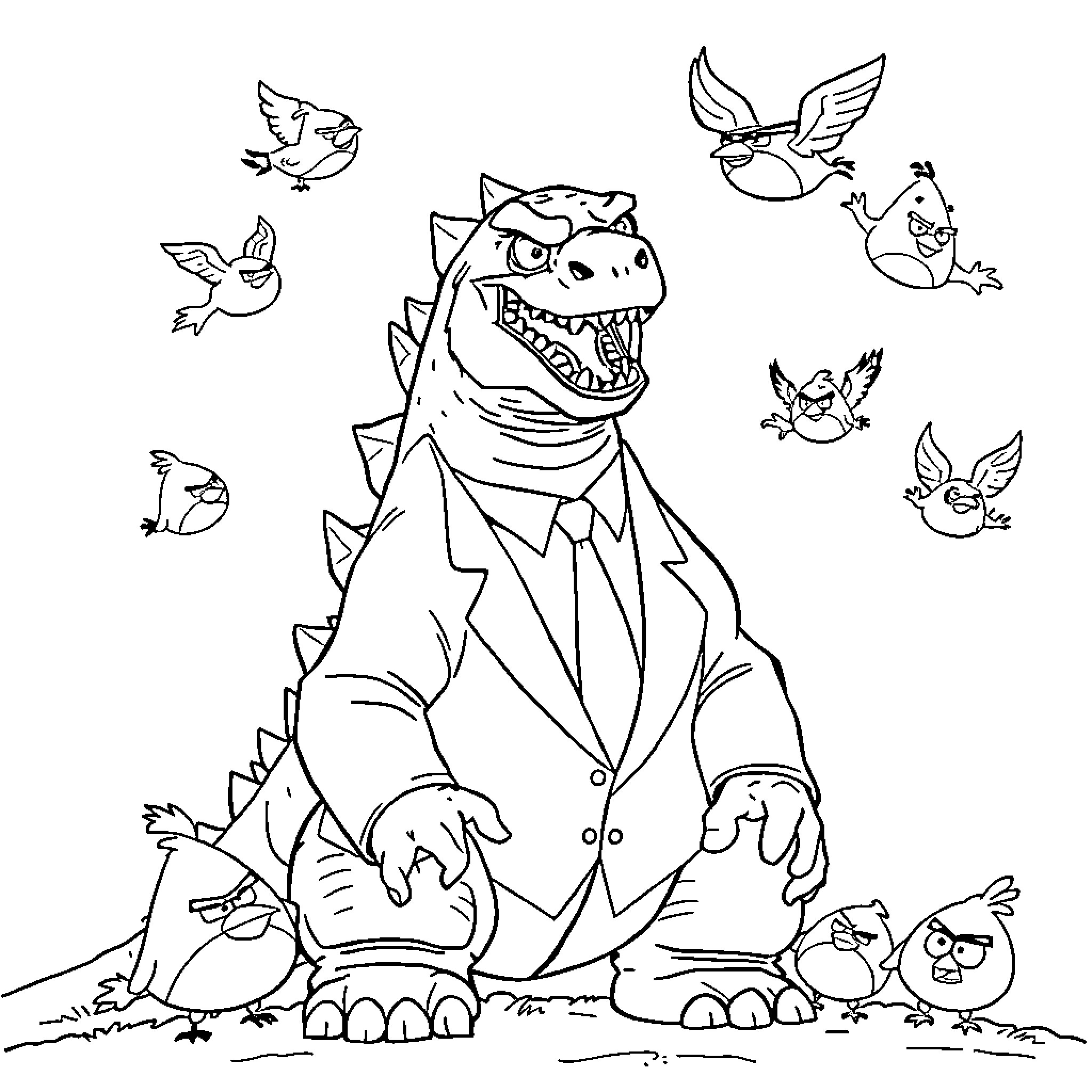 Godzilla chasing mischievous birds in garden Coloring Page (free black-and-white line drawing printable PDF for all, from beginners to advanced learners, including children, teens, adults, and seniors)